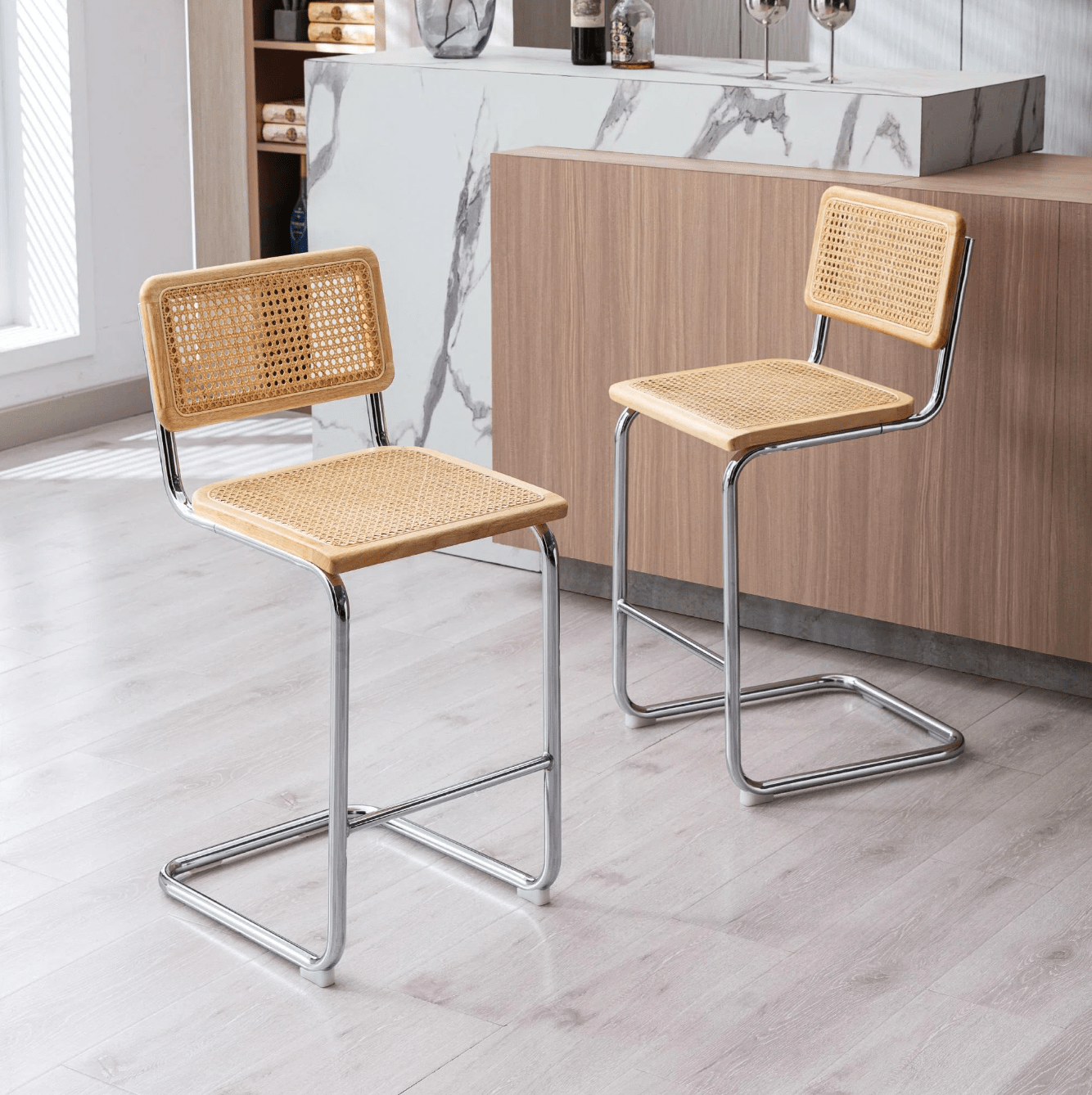 Modern 29" Bar Height Stools – Set of 2, Natural Rattan Cane and Solid Wood Backs, Boucle Fabric Upholstery, Chrome Metal Legs Natural