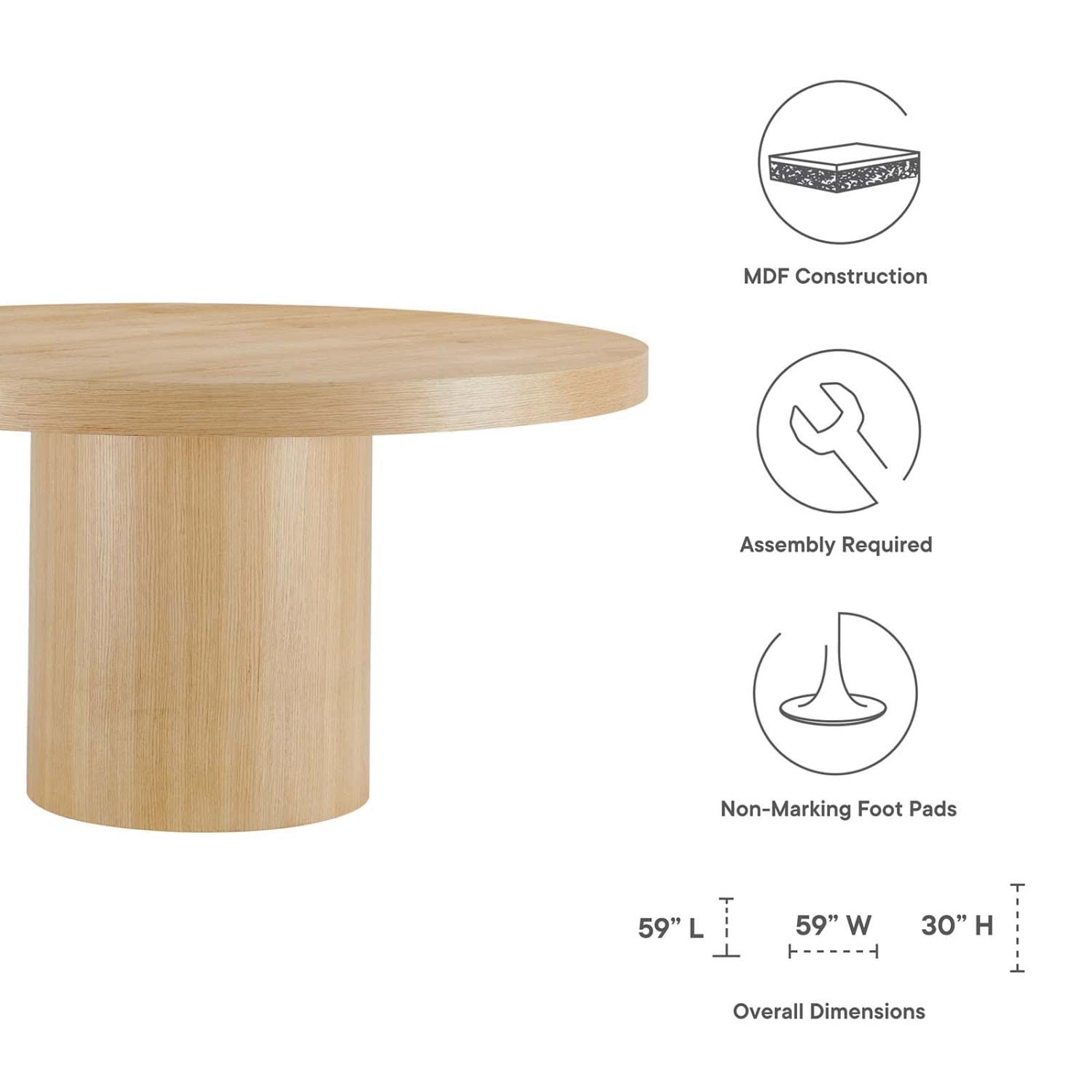 Modern 59" Round MDF Wood Dining Table – Oak Finish, Seats Up to 6, Non-Marking Foot Pads