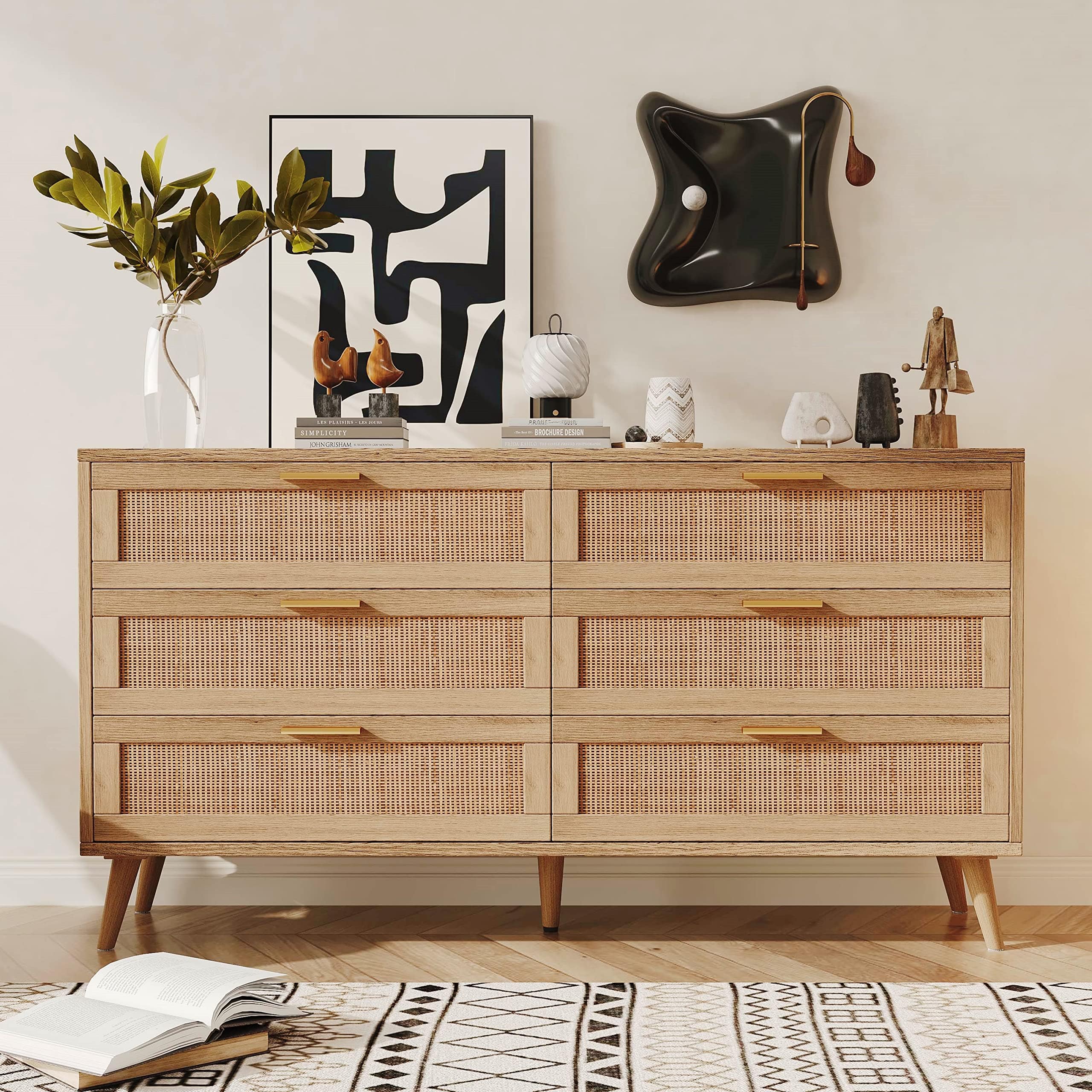 Modern 6 Drawer Double Dresser for Bedroom - Rattan Chest of Drawers with Golden Handles - Natural Wooden Dresser Chest for Living Room and Entryway