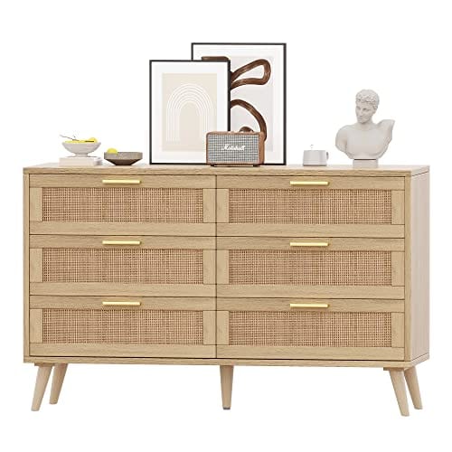 Modern 6 Drawer Double Dresser for Bedroom - Rattan Chest of Drawers with Golden Handles - Natural Wooden Dresser Chest for Living Room and Entryway