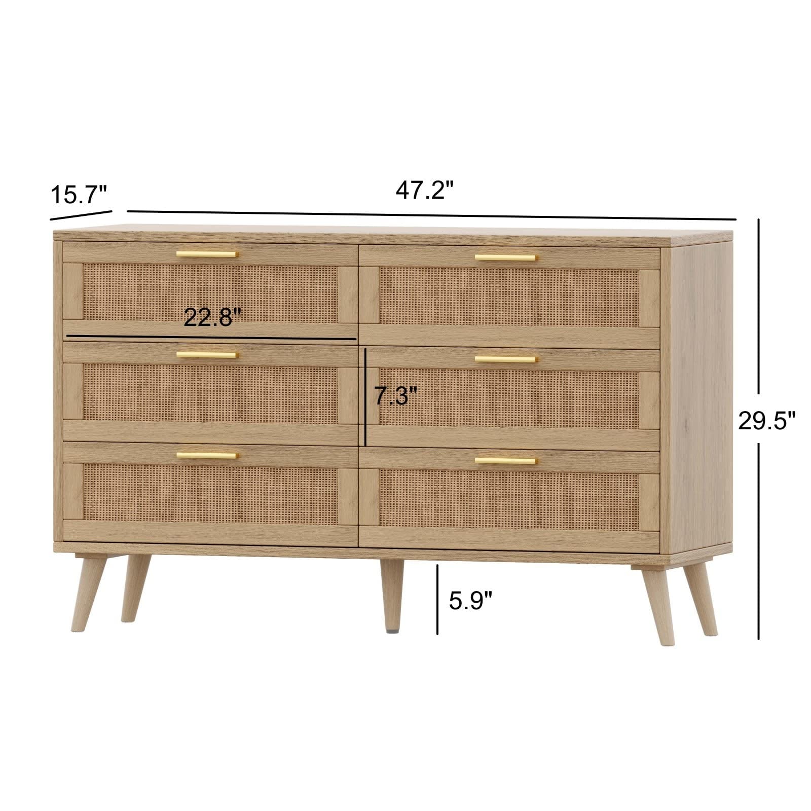 Modern 6 Drawer Double Dresser for Bedroom - Rattan Chest of Drawers with Golden Handles - Natural Wooden Dresser Chest for Living Room and Entryway