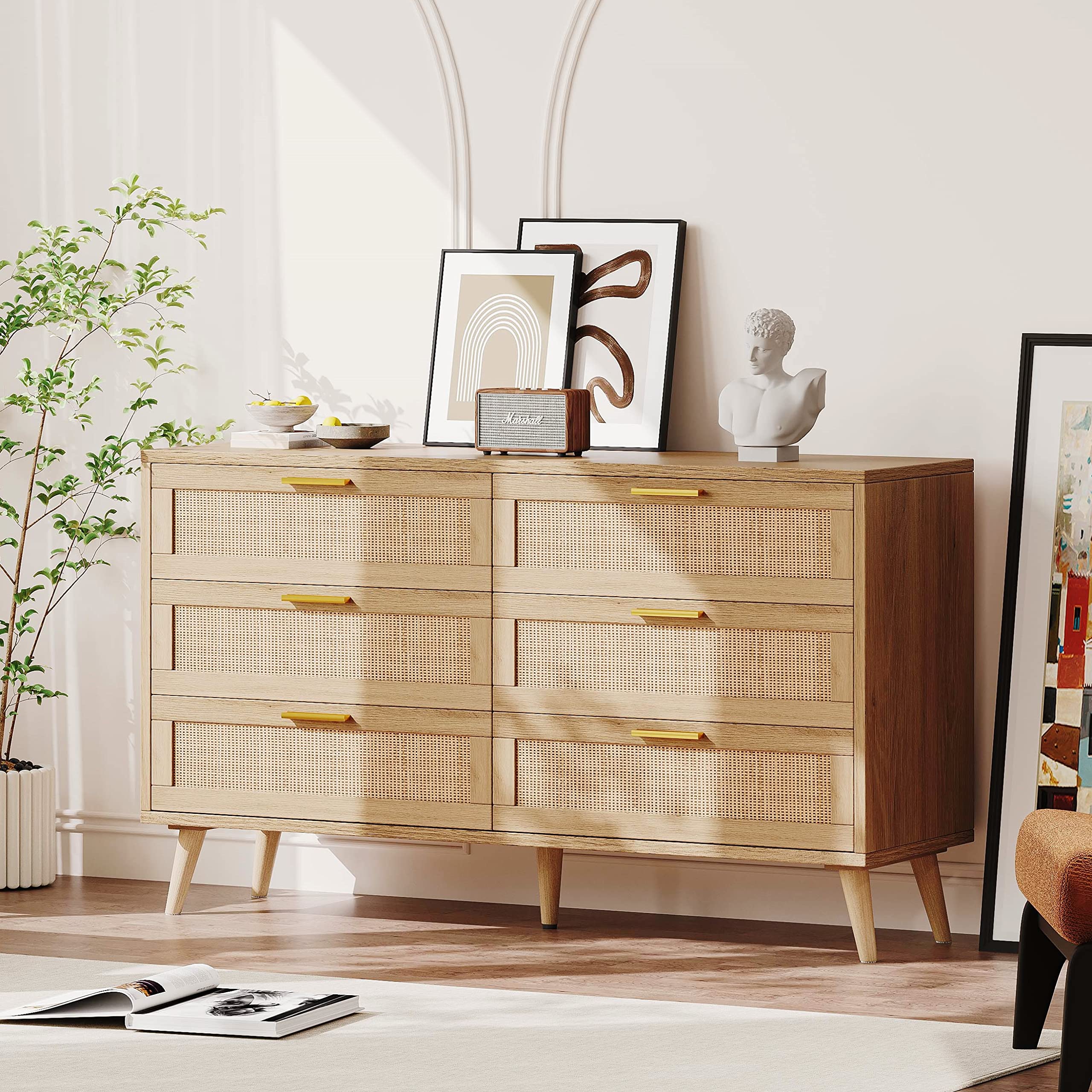 Modern 6 Drawer Double Dresser for Bedroom - Rattan Chest of Drawers with Golden Handles - Natural Wooden Dresser Chest for Living Room and Entryway