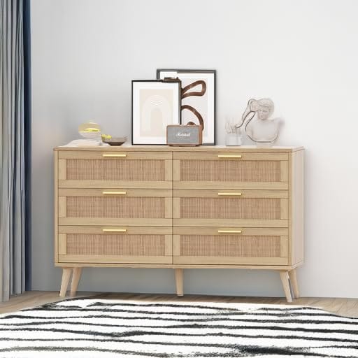 Modern 6 Drawer Double Dresser for Bedroom - Rattan Chest of Drawers with Golden Handles - Natural Wooden Dresser Chest for Living Room and Entryway