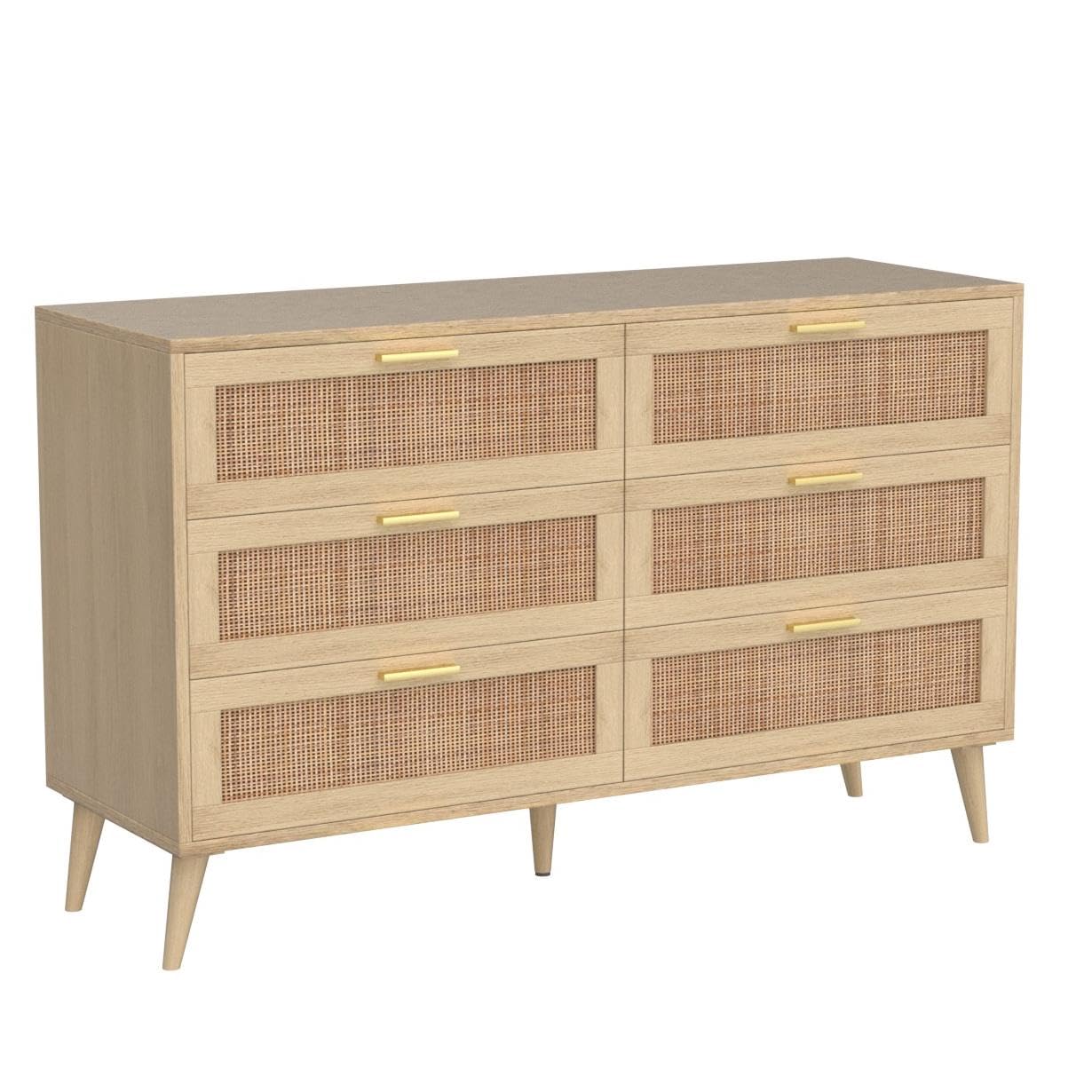 Modern 6 Drawer Double Dresser for Bedroom - Rattan Chest of Drawers with Golden Handles - Natural Wooden Dresser Chest for Living Room and Entryway