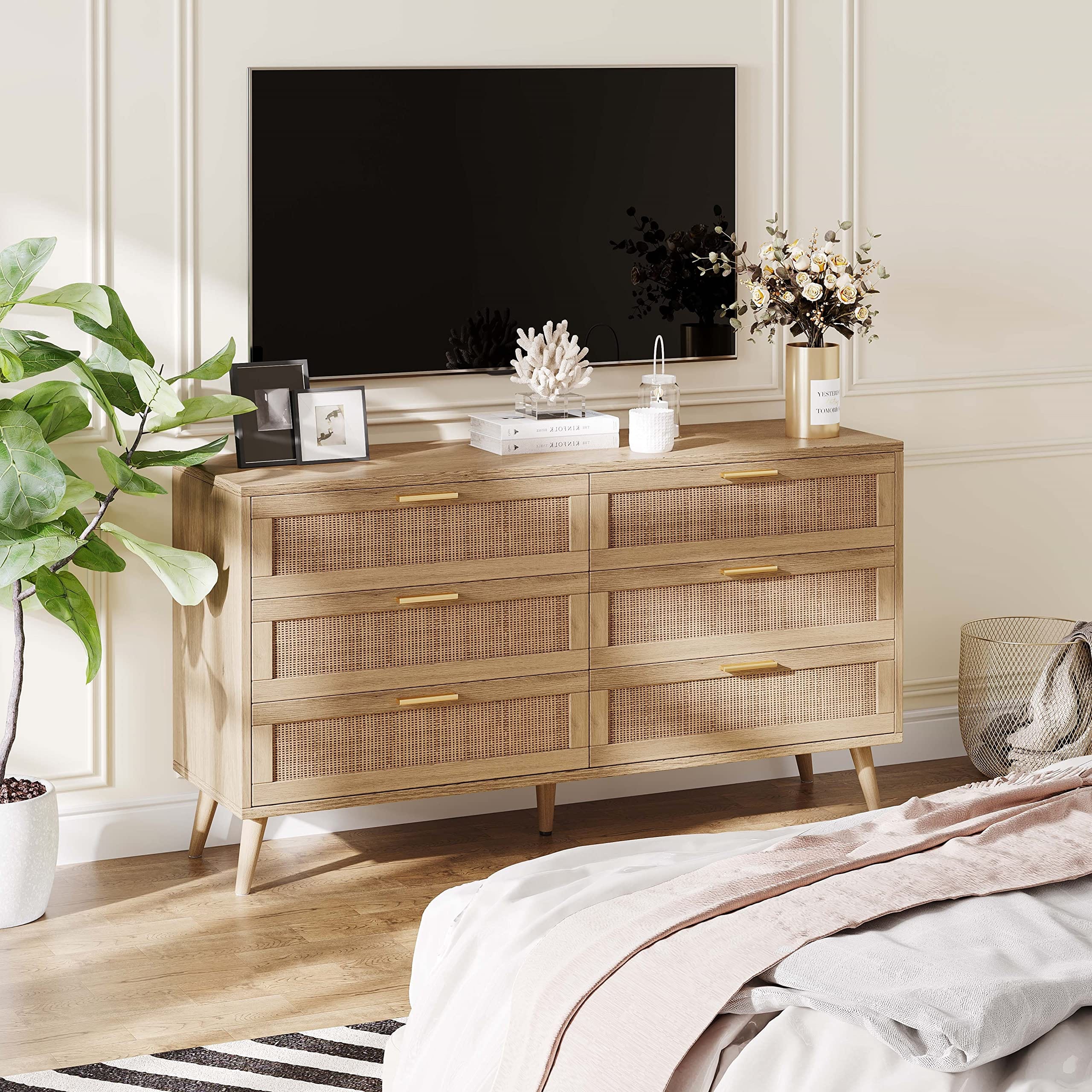 Modern 6 Drawer Double Dresser for Bedroom - Rattan Chest of Drawers with Golden Handles - Natural Wooden Dresser Chest for Living Room and Entryway