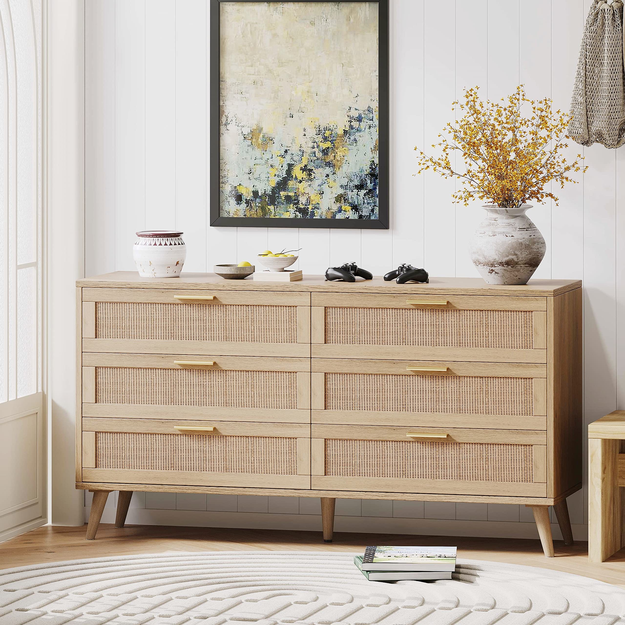 Modern 6 Drawer Double Dresser for Bedroom - Rattan Chest of Drawers with Golden Handles - Natural Wooden Dresser Chest for Living Room and Entryway