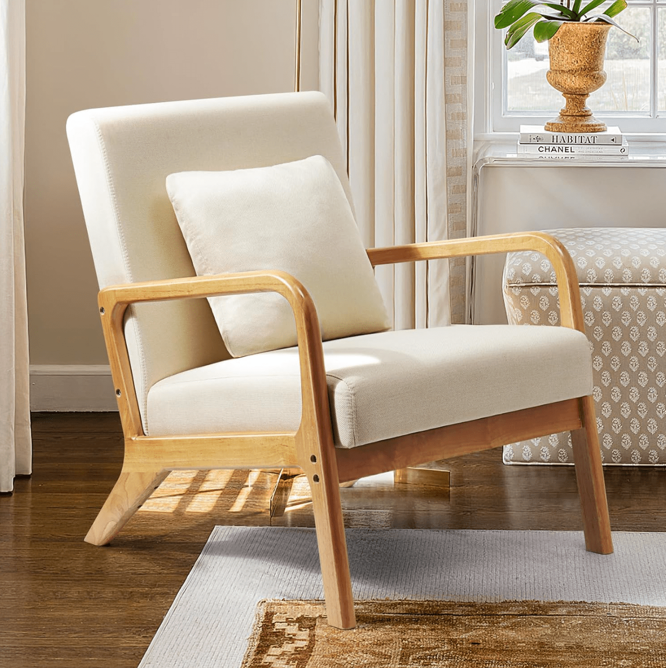 Modern Accent Chair - Comfy Fabric Reading Armchair for Living Room and Bedroom, Easy Assembly, Beige