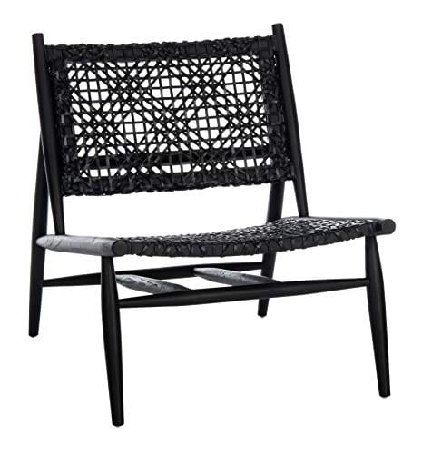 Modern Black Leather Weave Accent Chair with Sungkai Wood Frame