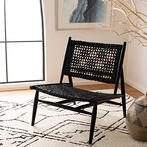 Modern Black Leather Weave Accent Chair with Sungkai Wood Frame