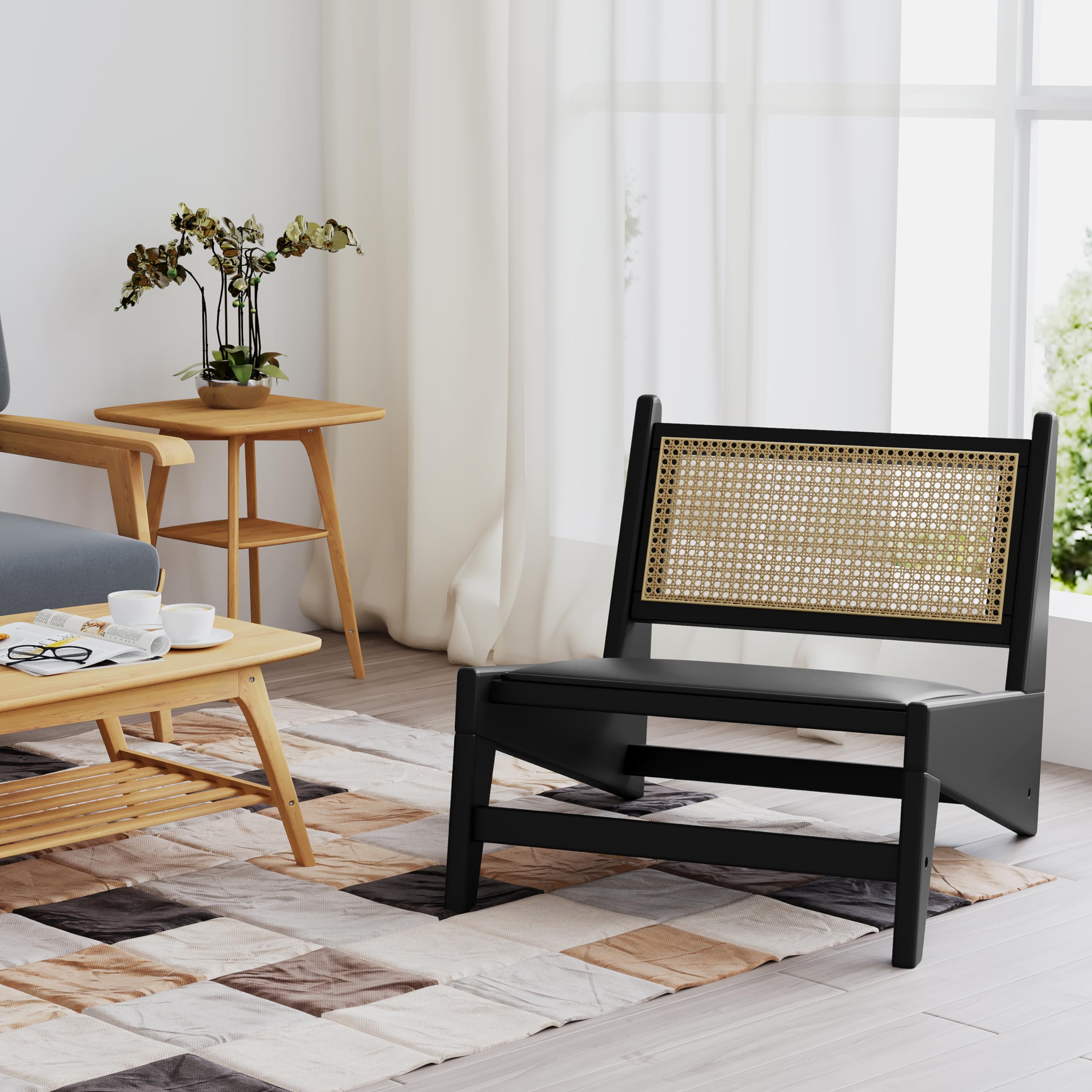 Modern Black Rattan Chair - Comfy Boho Accent Chair for Living Room, Bedroom, and Balcony