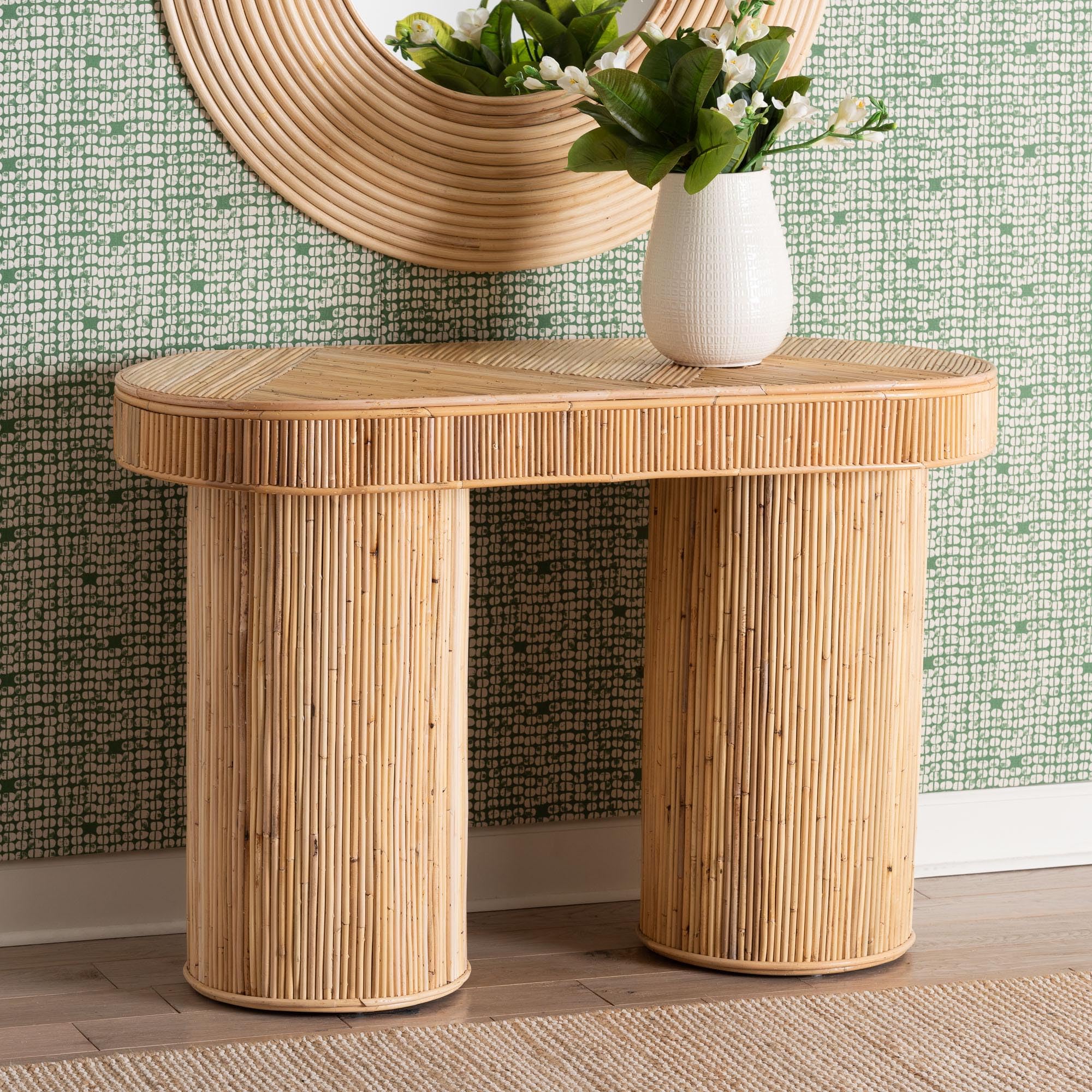 Modern Bohemian Natural Rattan Console Table - Fully Assembled, Oval Design