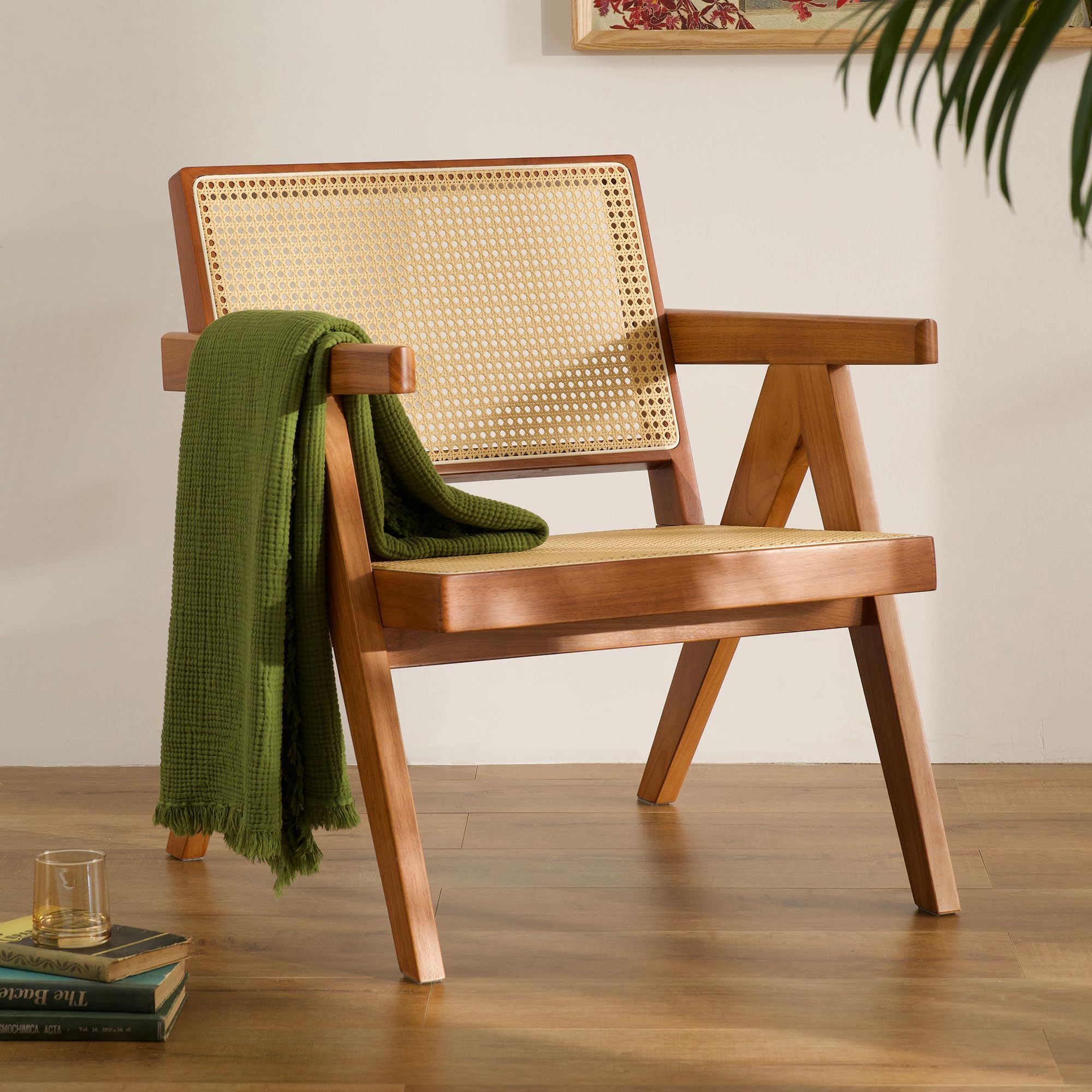 Modern Boho Rattan Accent Chair with Armrest, Rubberwood Frame - Teak, Perfect for Bedroom, Living Room, Balcony, and Patio