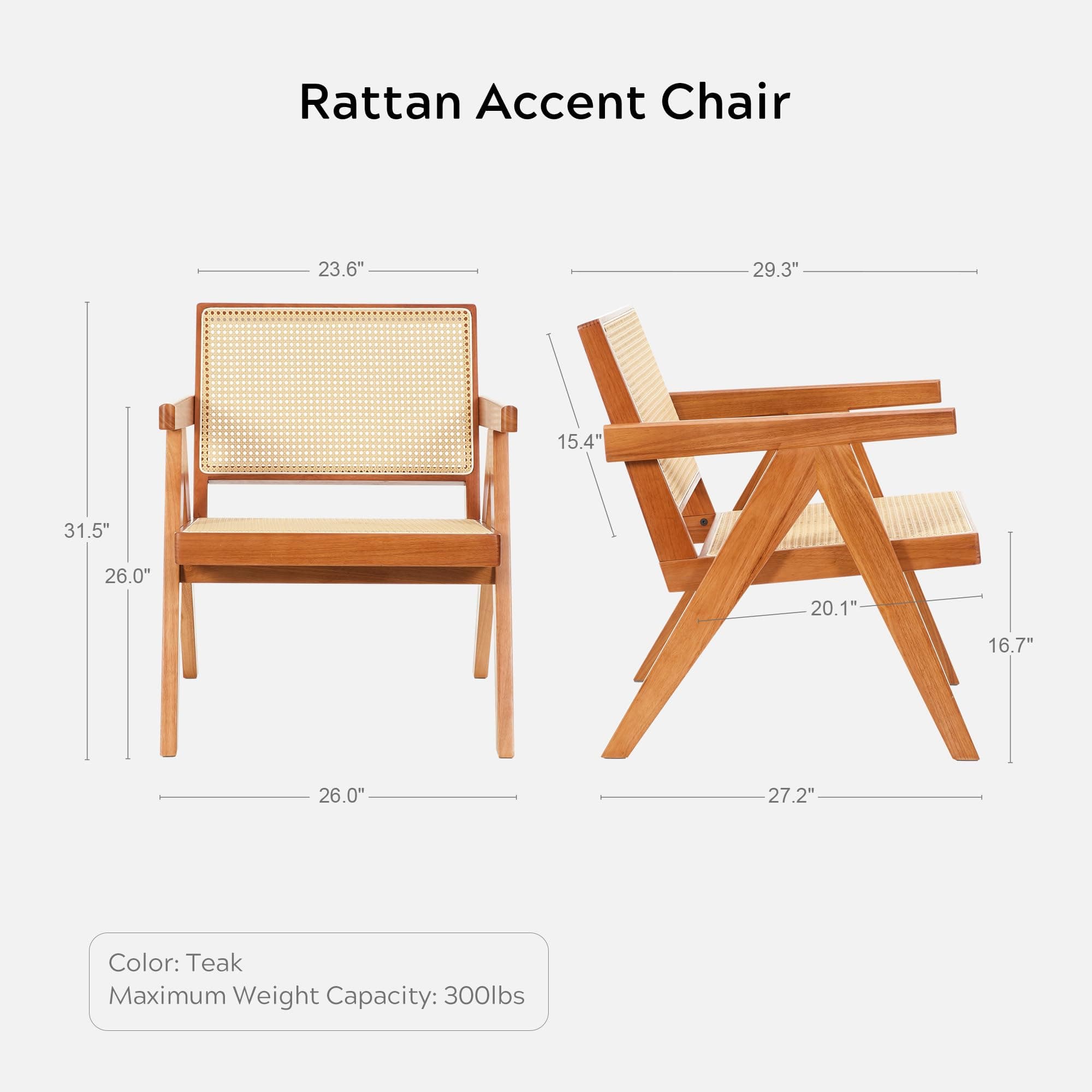 Modern Boho Rattan Accent Chair with Armrest, Rubberwood Frame - Teak, Perfect for Bedroom, Living Room, Balcony, and Patio