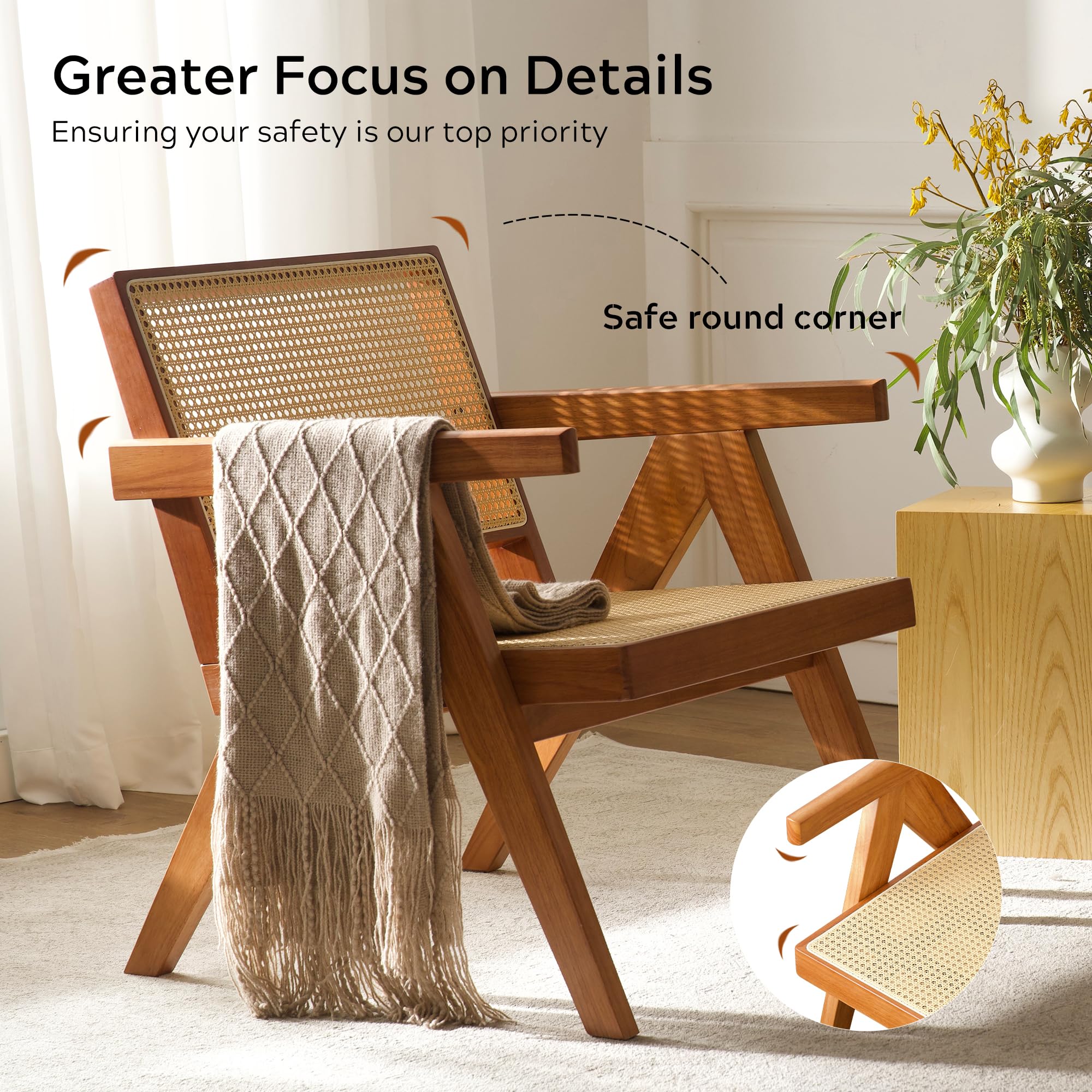 Modern Boho Rattan Accent Chair with Armrest, Rubberwood Frame - Teak, Perfect for Bedroom, Living Room, Balcony, and Patio