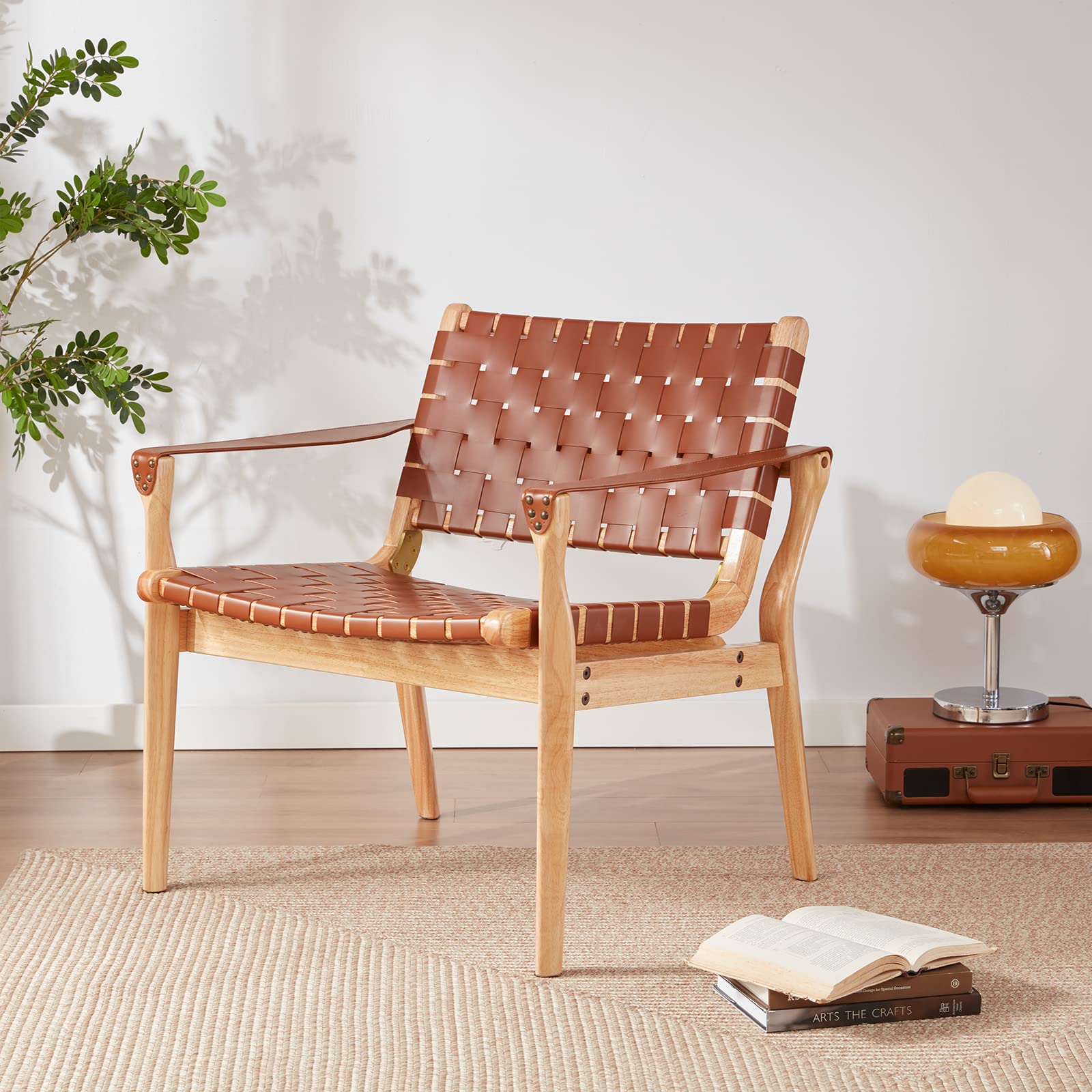 Modern Boho Woven Leather Chair – Elegant Oak Wood Accent Chair for Any Room