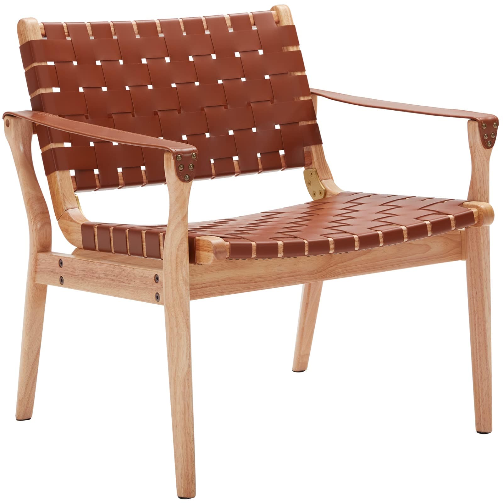 Modern Boho Woven Leather Chair – Elegant Oak Wood Accent Chair for Any Room