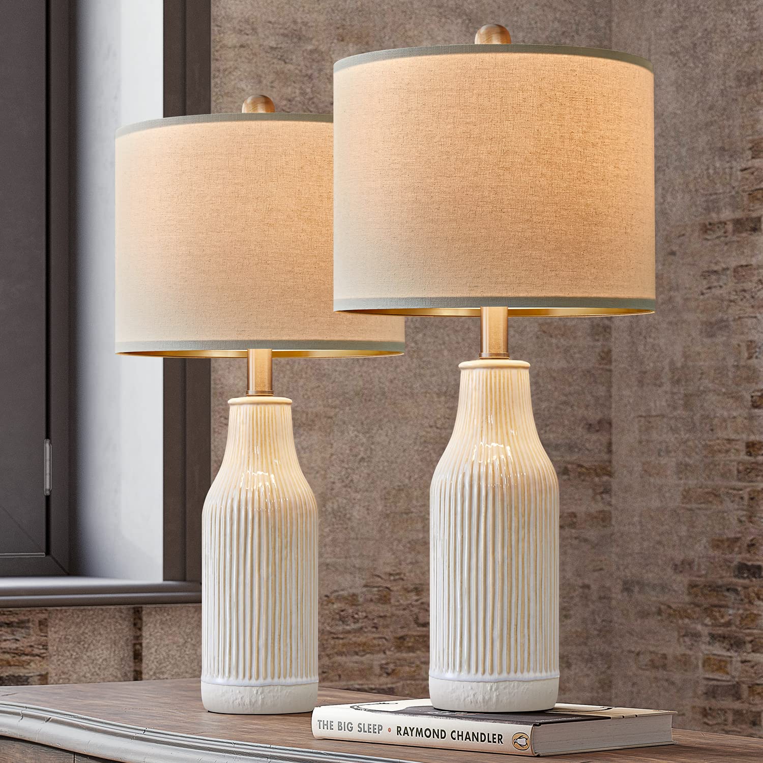 Modern Ceramic Table Lamp Set of 2 | 23.75" Farmhouse Bedside Lamps for Living Room and Bedroom