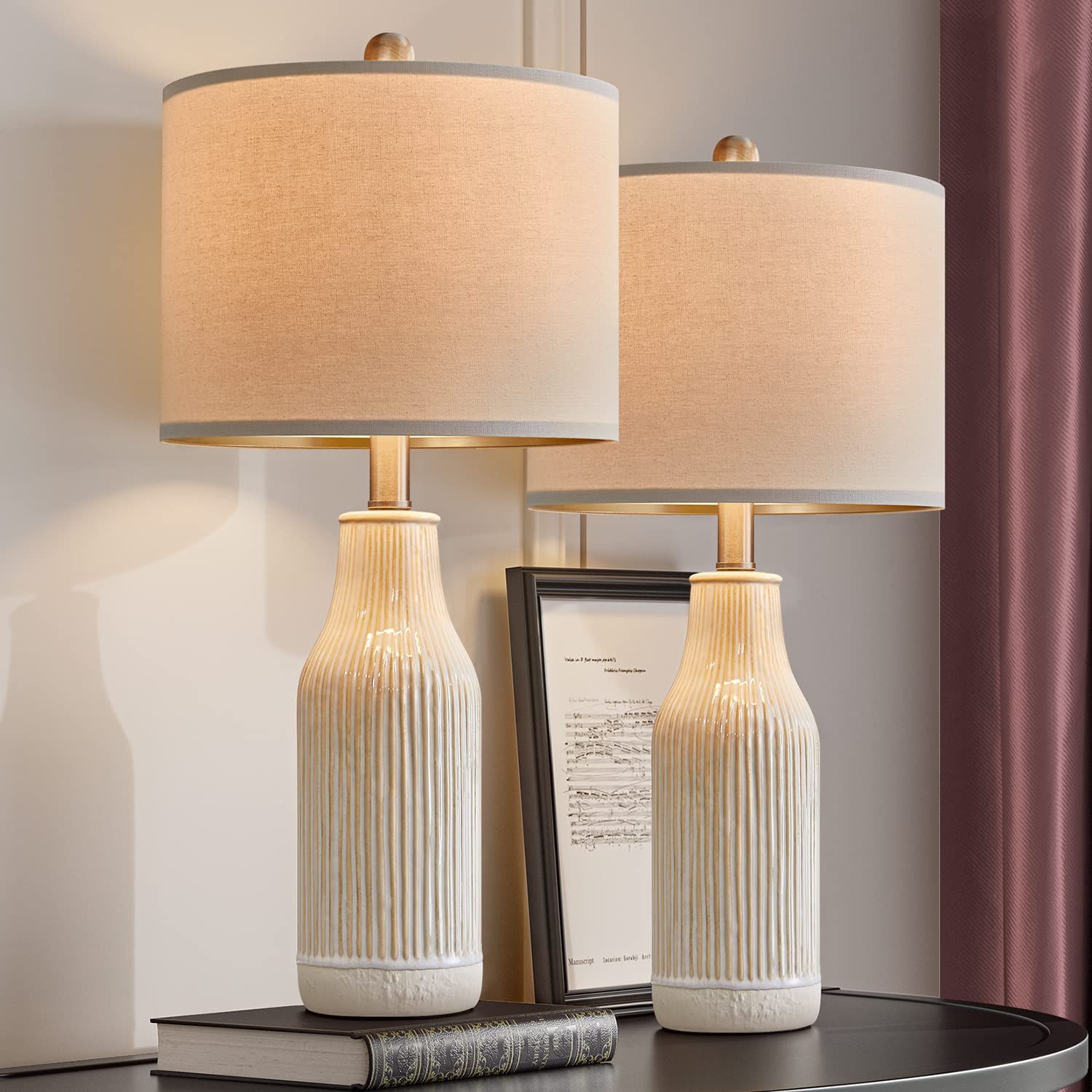 Modern Ceramic Table Lamp Set of 2 | 23.75" Farmhouse Bedside Lamps for Living Room and Bedroom