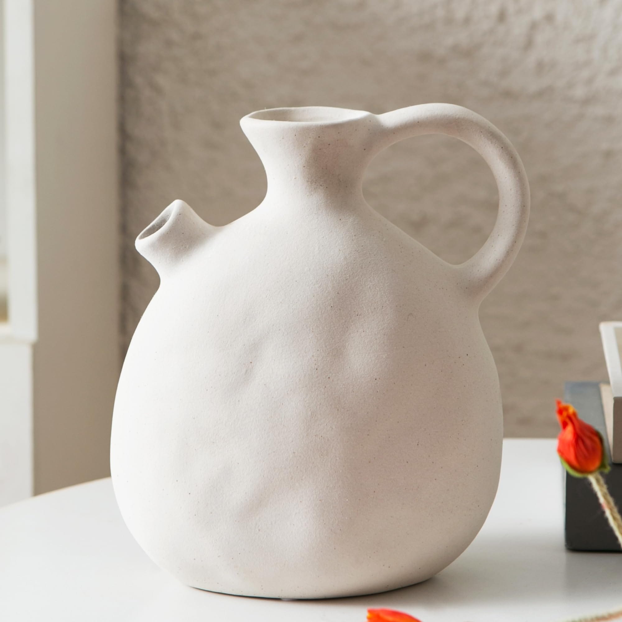 Modern Farmhouse Ceramic Pitcher Vase with Handle – Rustic White Decorative Vase for Home