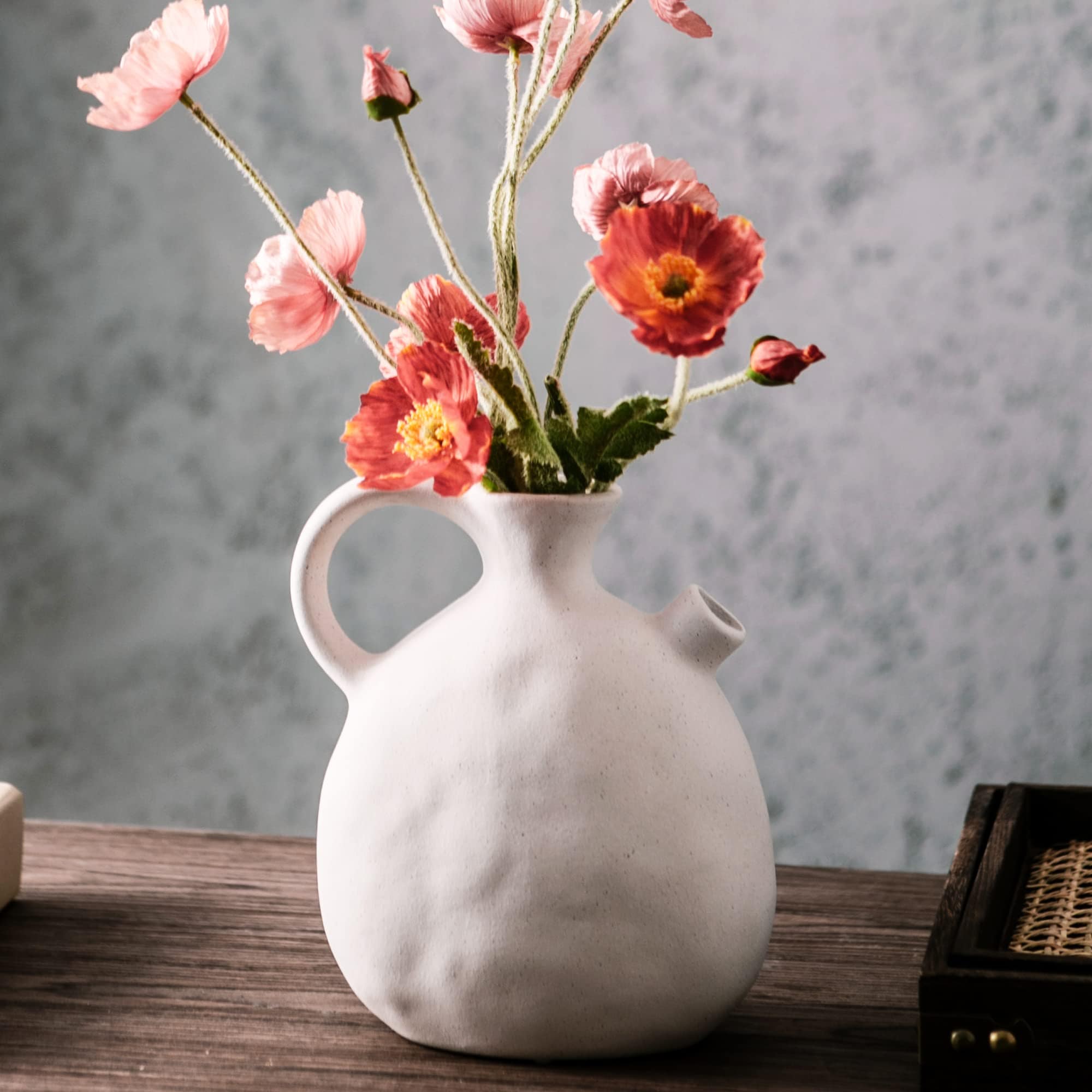 Modern Farmhouse Ceramic Pitcher Vase with Handle – Rustic White Decorative Vase for Home