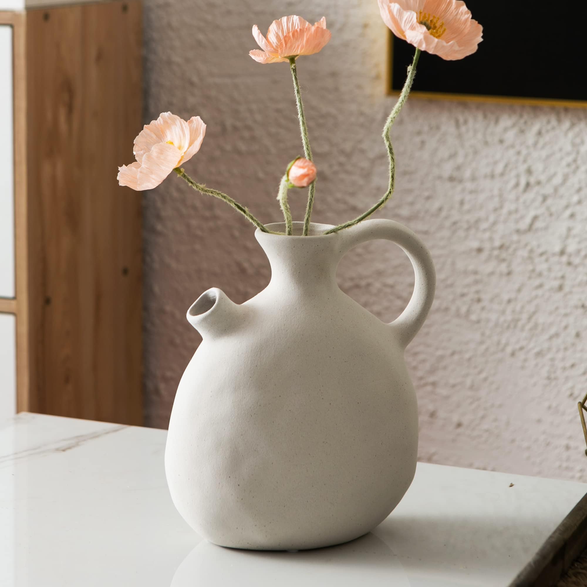 Modern Farmhouse Ceramic Pitcher Vase with Handle – Rustic White Decorative Vase for Home