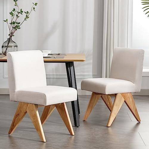 Modern Farmhouse Dining Chairs Set of 2 | Upholstered Armless Kitchen Chairs | Beige Linen | Wooden Legs