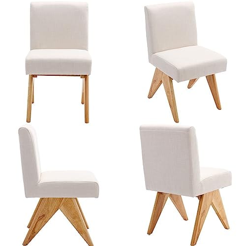 Modern Farmhouse Dining Chairs Set of 2 | Upholstered Armless Kitchen Chairs | Beige Linen | Wooden Legs