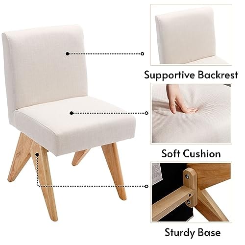 Modern Farmhouse Dining Chairs Set of 2 | Upholstered Armless Kitchen Chairs | Beige Linen | Wooden Legs