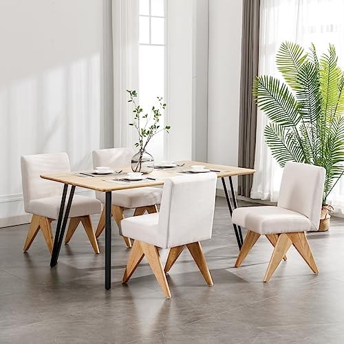 Modern Farmhouse Dining Chairs Set of 2 | Upholstered Armless Kitchen Chairs | Beige Linen | Wooden Legs