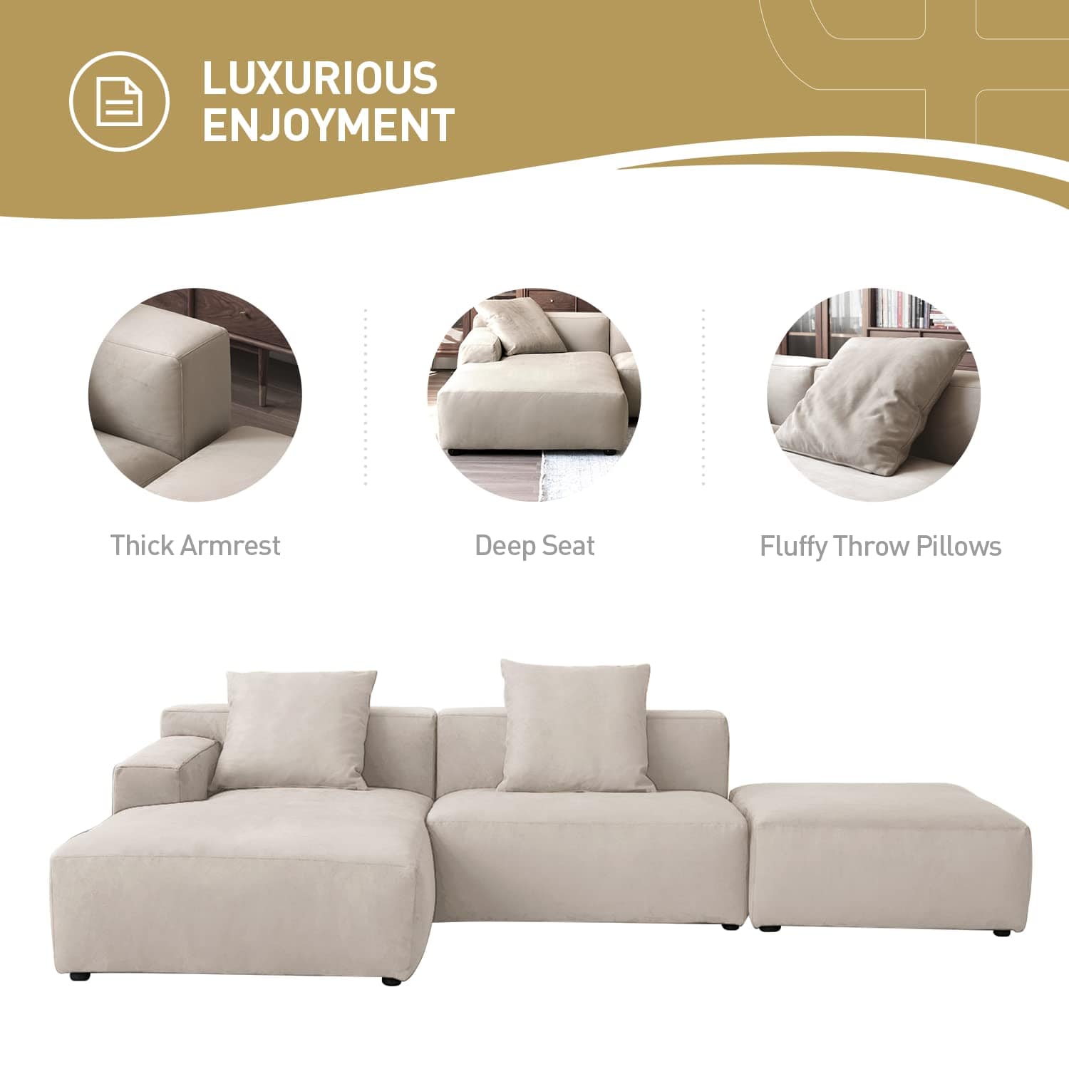 Modern Modular L-Shape Sectional Sofa Set – 3 Seat Upholstered Couch with Chaise Lounge, Cream