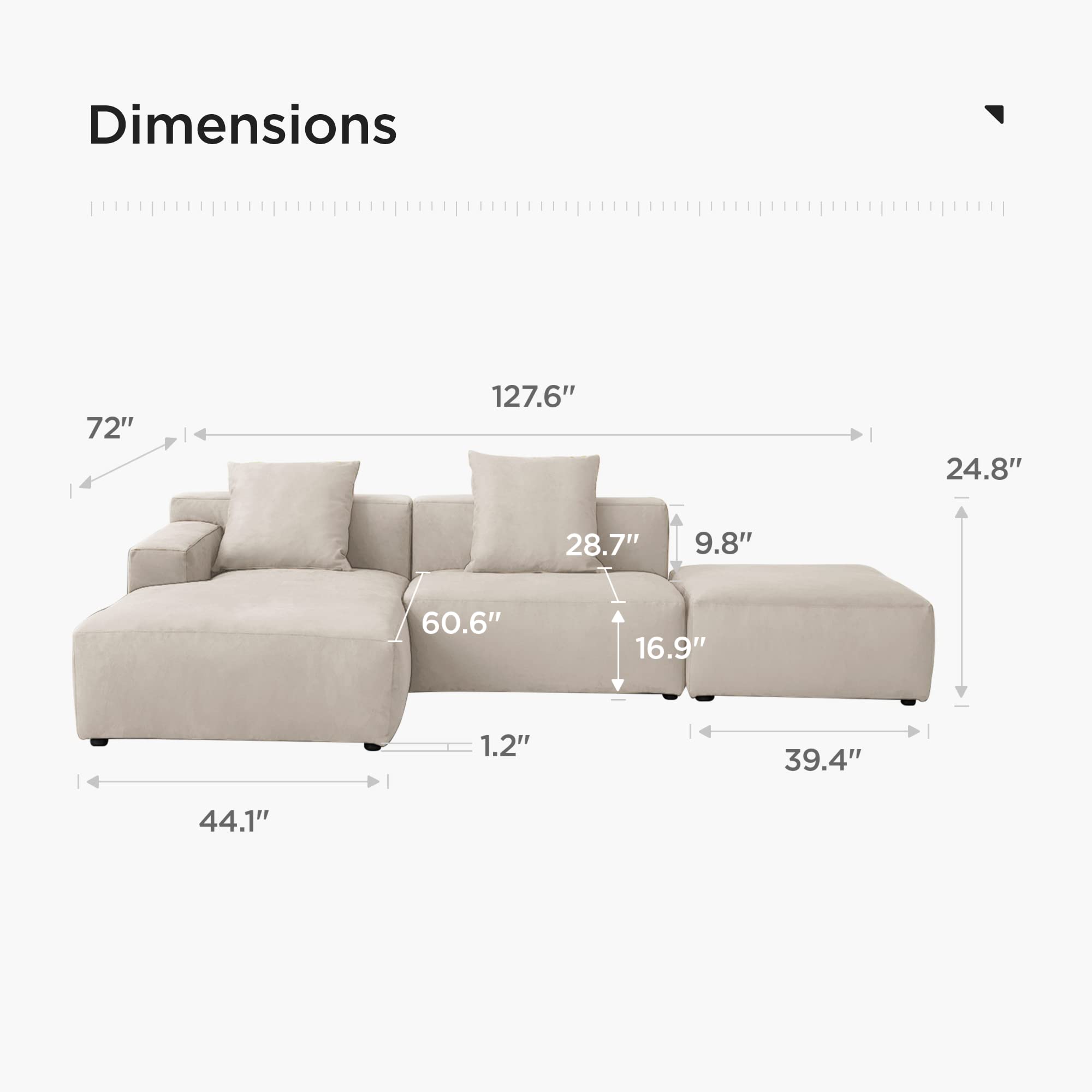 Modern Modular L-Shape Sectional Sofa Set – 3 Seat Upholstered Couch with Chaise Lounge, Cream