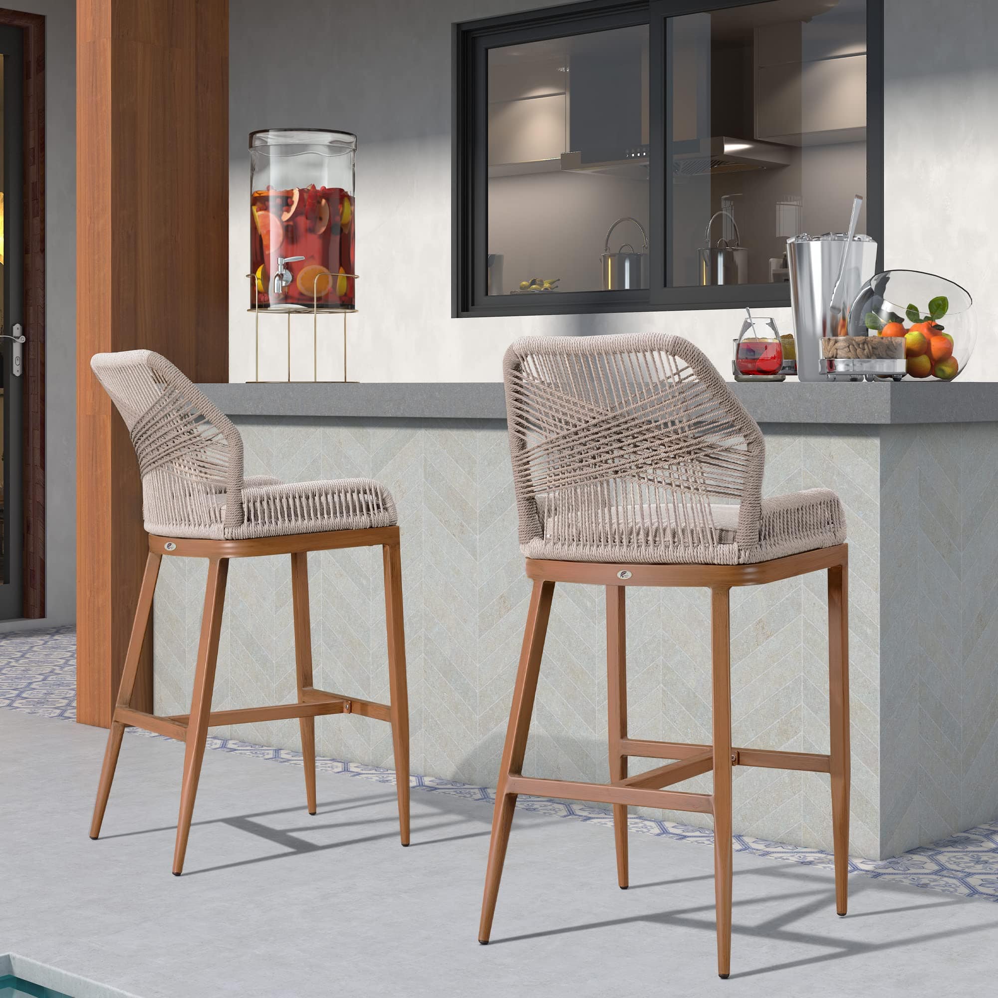 Modern Outdoor Counter Height Bar Stools – Set of 2, Metal Stools with Backrest, Armrest, and Cushions, Weather-Resistant, Twill