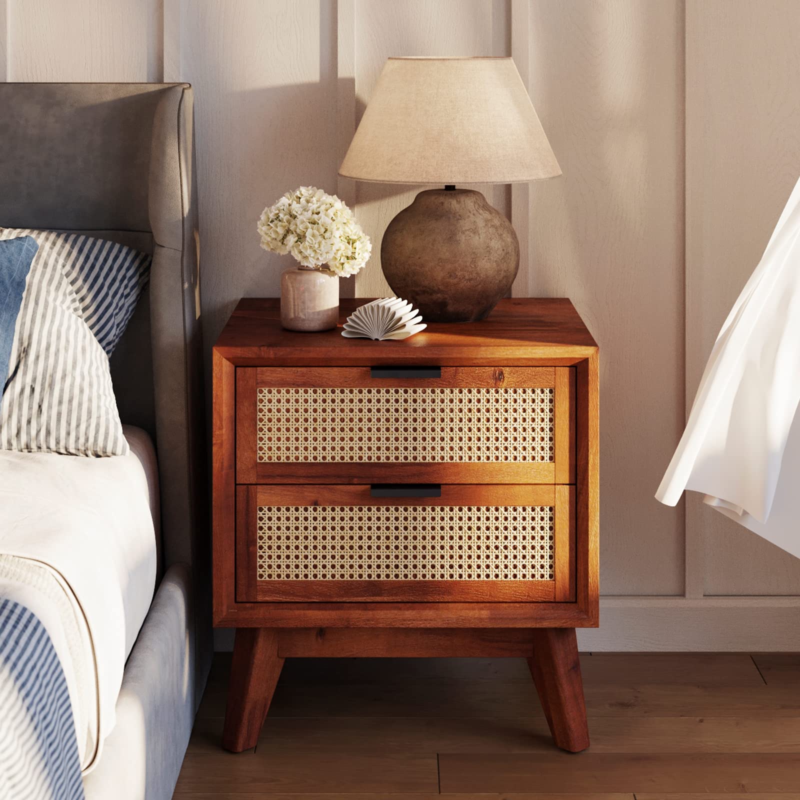 Modern Rattan Nightstand - Dark Chocolate Solid Wood Side Table with Drawers - Elegant and Durable Bedroom Furniture