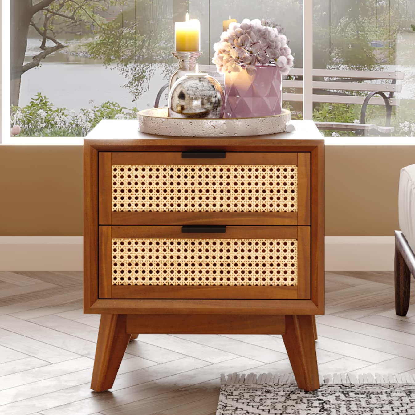 Modern Rattan Nightstand - Dark Chocolate Solid Wood Side Table with Drawers - Elegant and Durable Bedroom Furniture