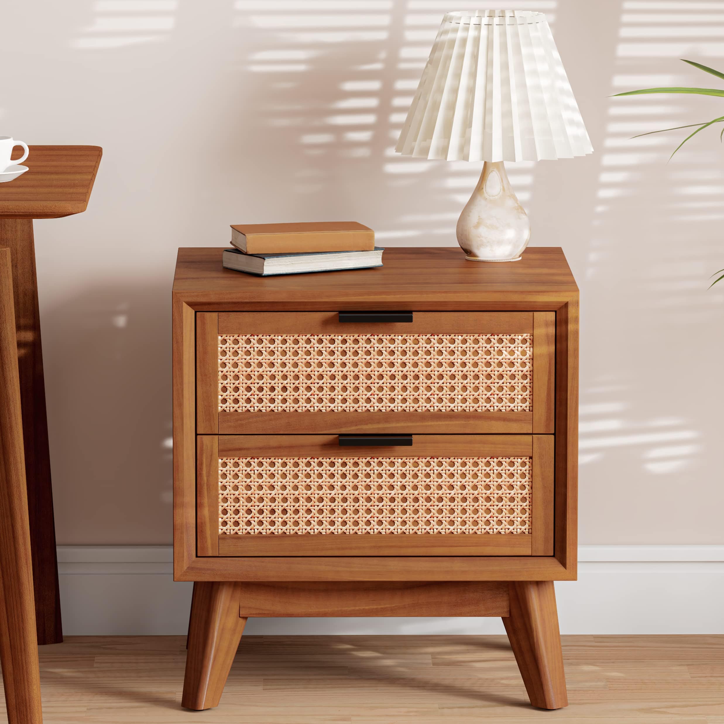 Modern Rattan Nightstand - Dark Chocolate Solid Wood Side Table with Drawers - Elegant and Durable Bedroom Furniture