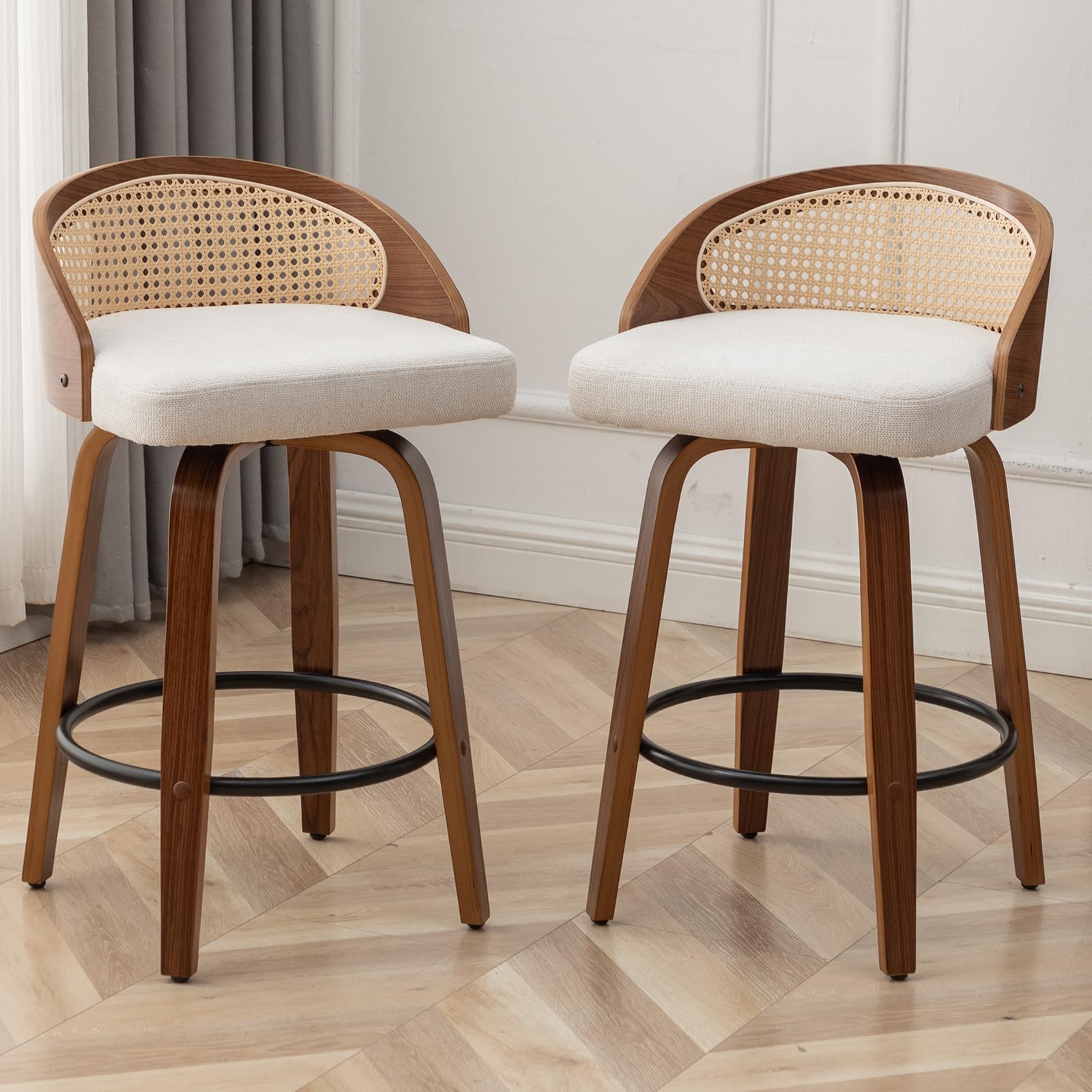 Modern Swivel Rattan Bar Stools – Set of 2, Beige Linen Upholstered, 26" Counter Height with Low Backrest, Walnut Wood Finish