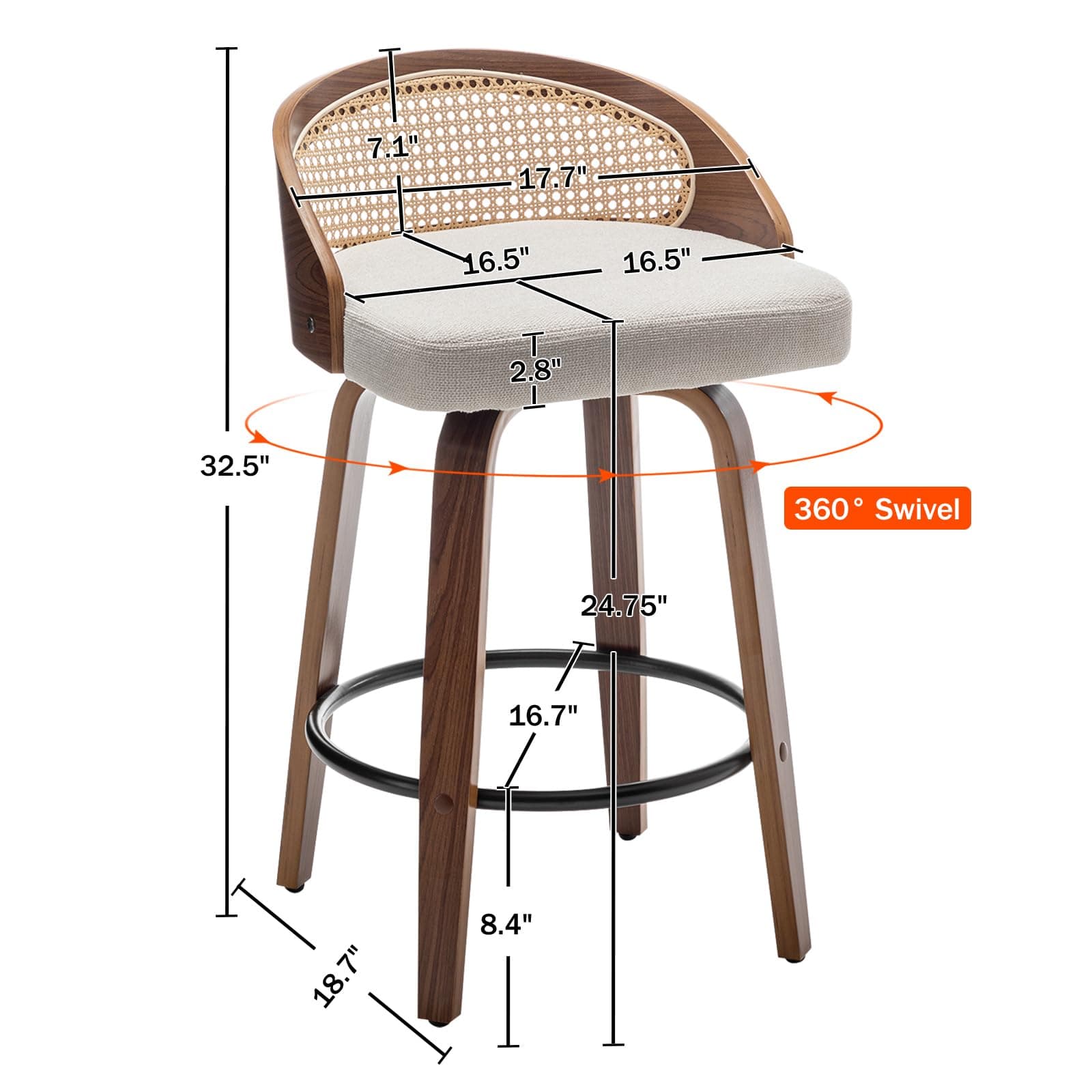 Modern Swivel Rattan Bar Stools – Set of 2, Beige Linen Upholstered, 26" Counter Height with Low Backrest, Walnut Wood Finish