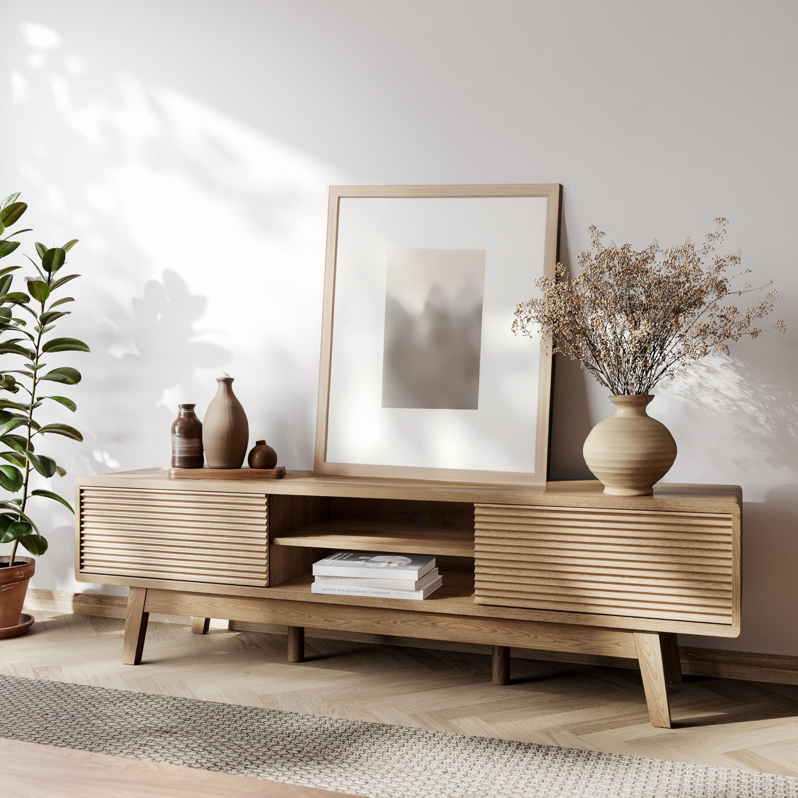 Modern TV Console – Low Profile Media Stand with Fluted Sliding Doors for 55-65 Inch TVs, Light Oak