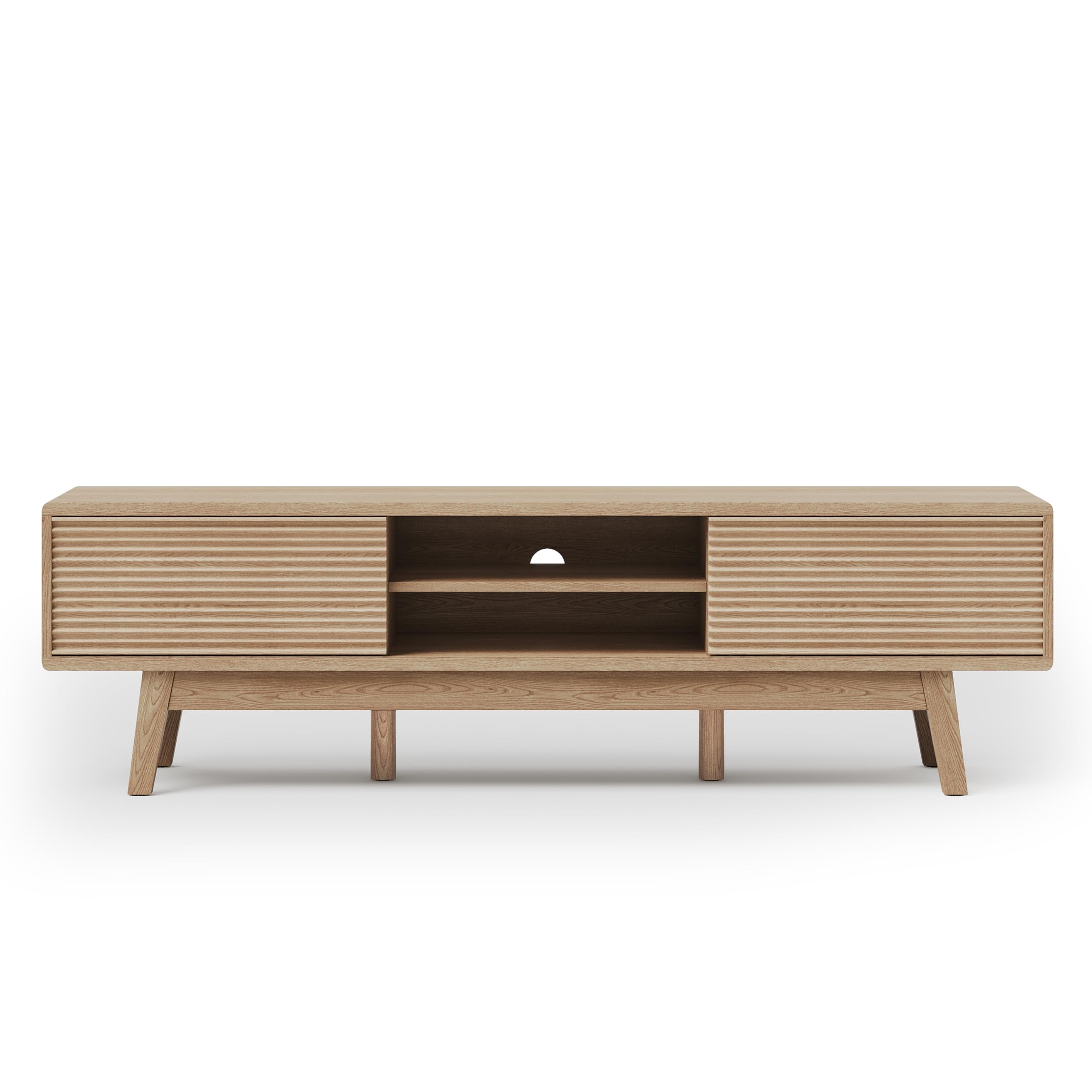 Modern TV Console – Low Profile Media Stand with Fluted Sliding Doors for 55-65 Inch TVs, Light Oak