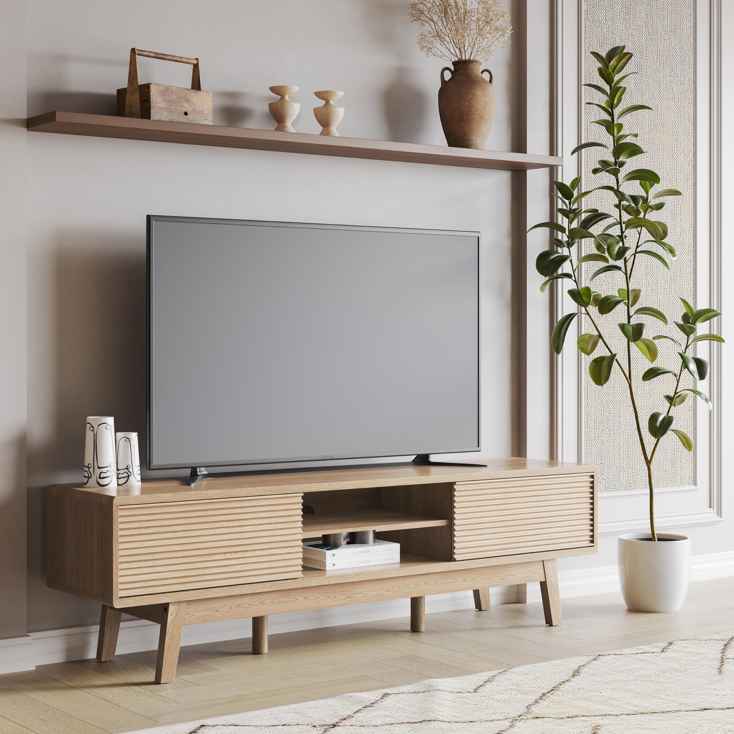 Modern TV Console – Low Profile Media Stand with Fluted Sliding Doors for 55-65 Inch TVs, Light Oak