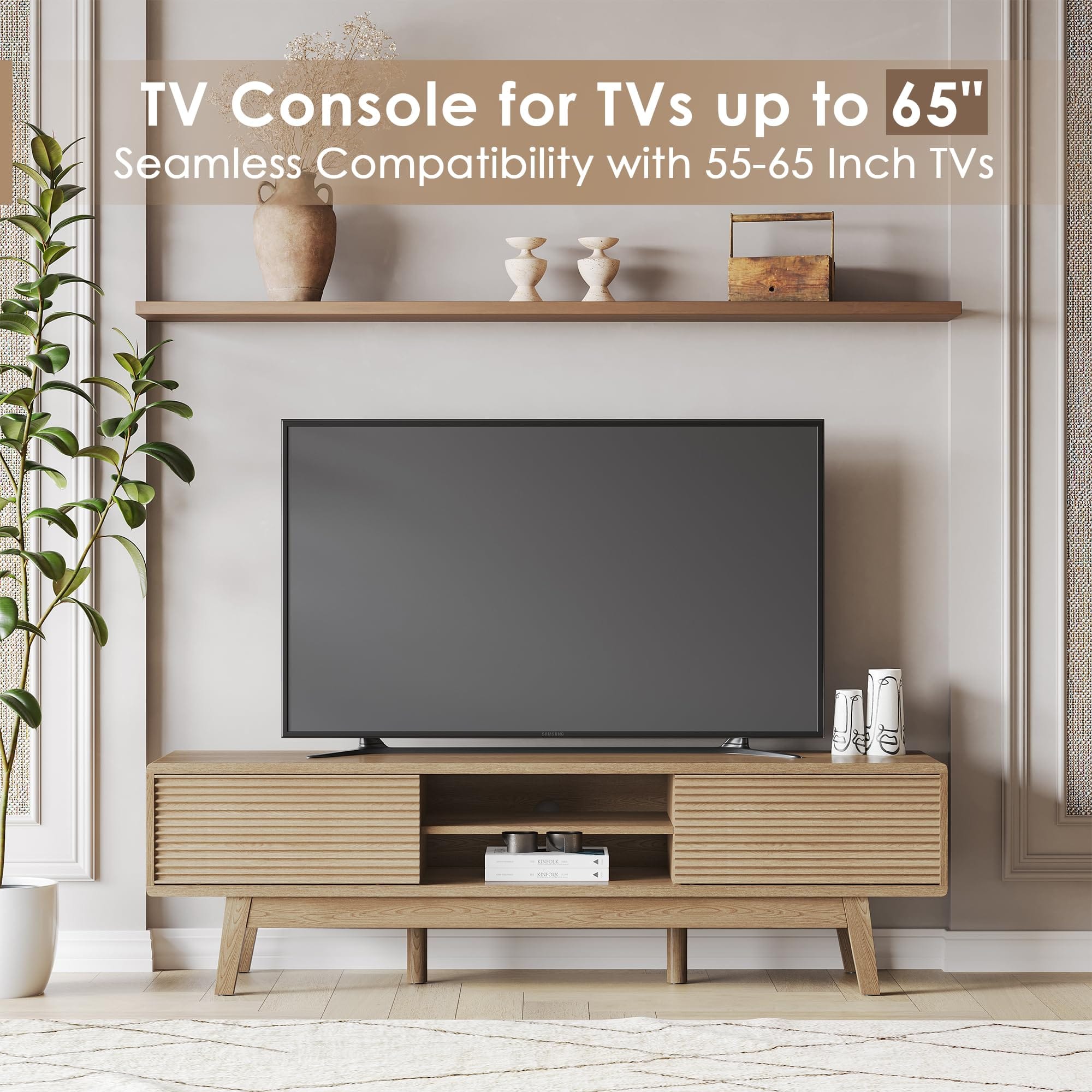 Modern TV Console – Low Profile Media Stand with Fluted Sliding Doors for 55-65 Inch TVs, Light Oak