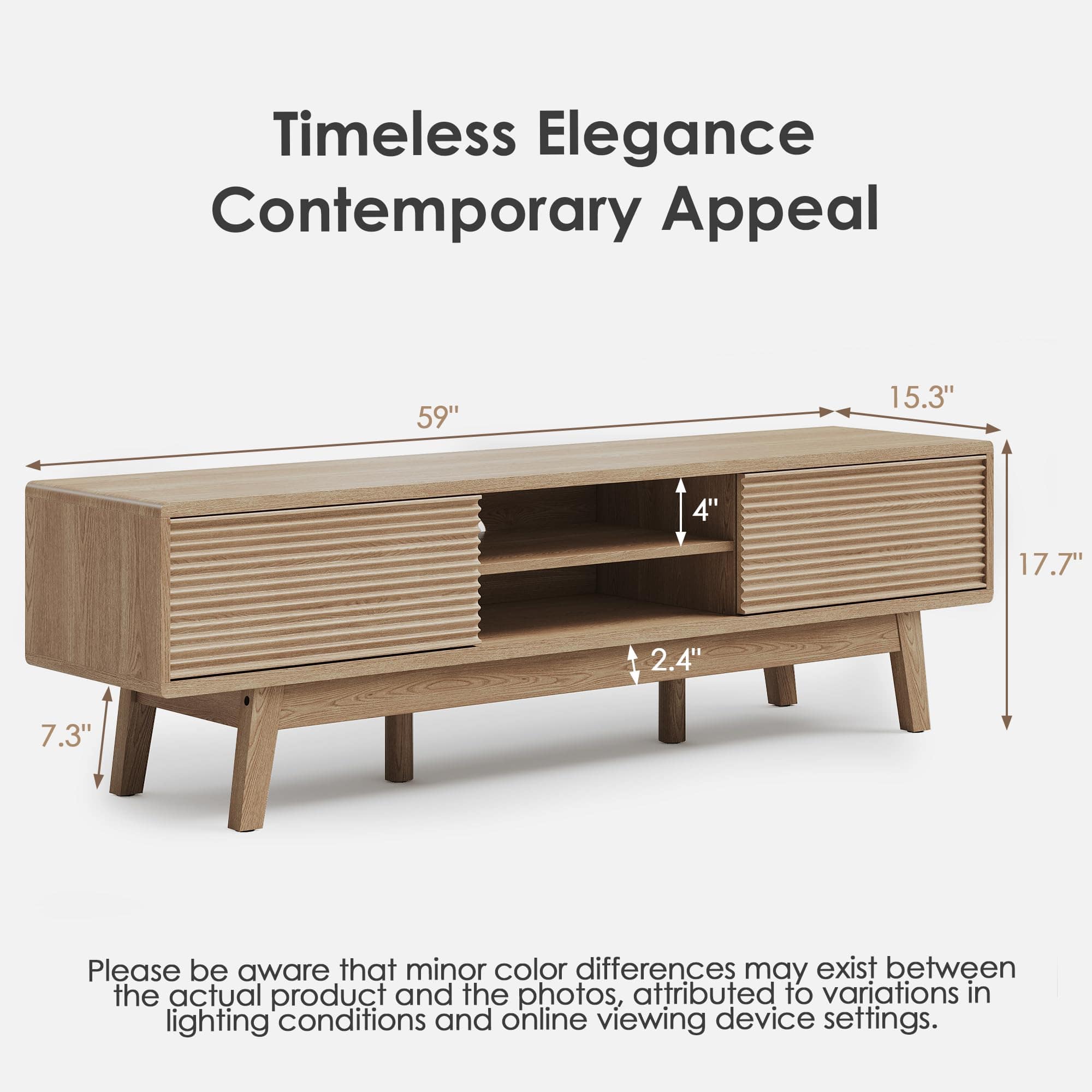 Modern TV Console – Low Profile Media Stand with Fluted Sliding Doors for 55-65 Inch TVs, Light Oak