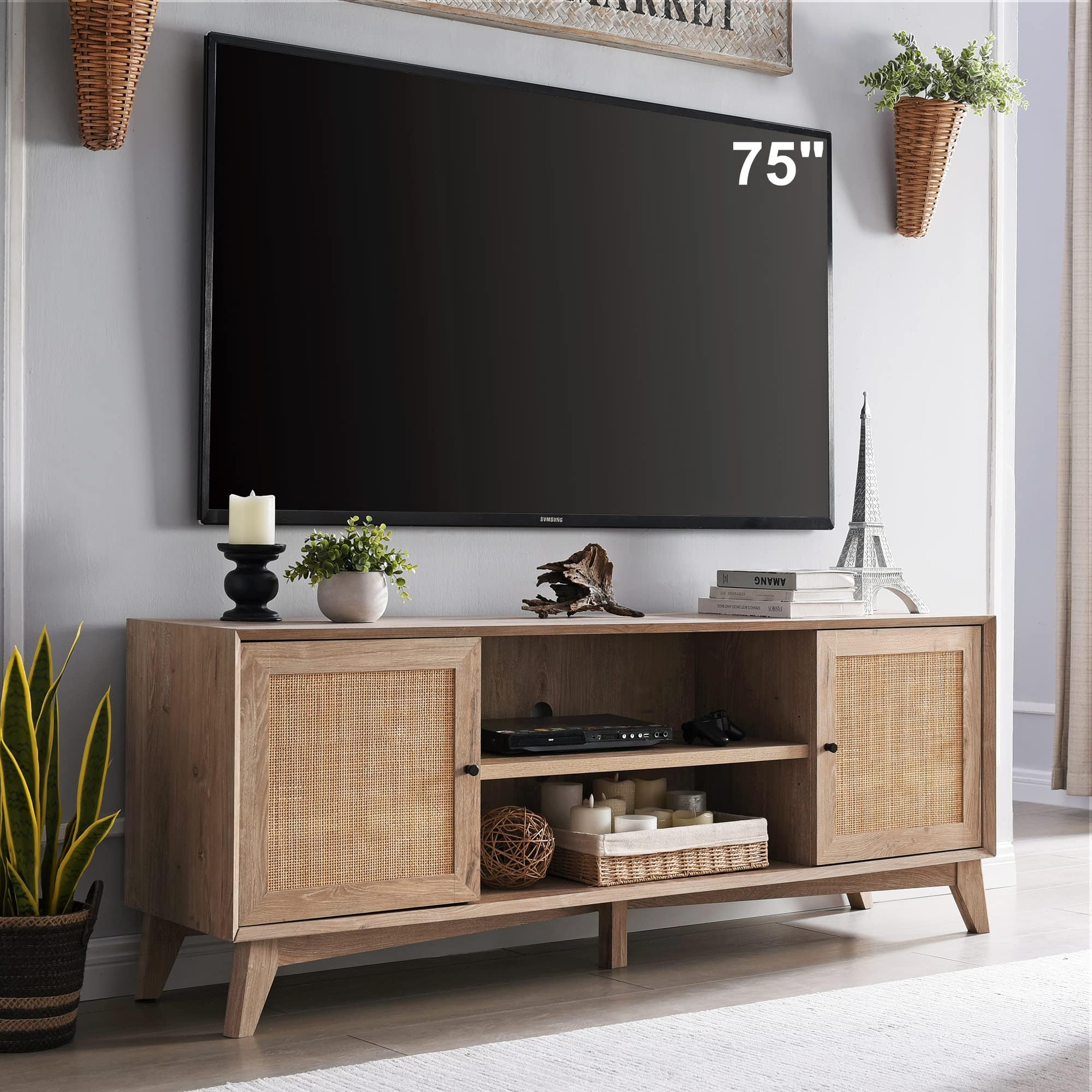 Modern TV Stand for 75+ Inch TV – Boho Media Console with Natural Rattan Doors and Adjustable Shelves