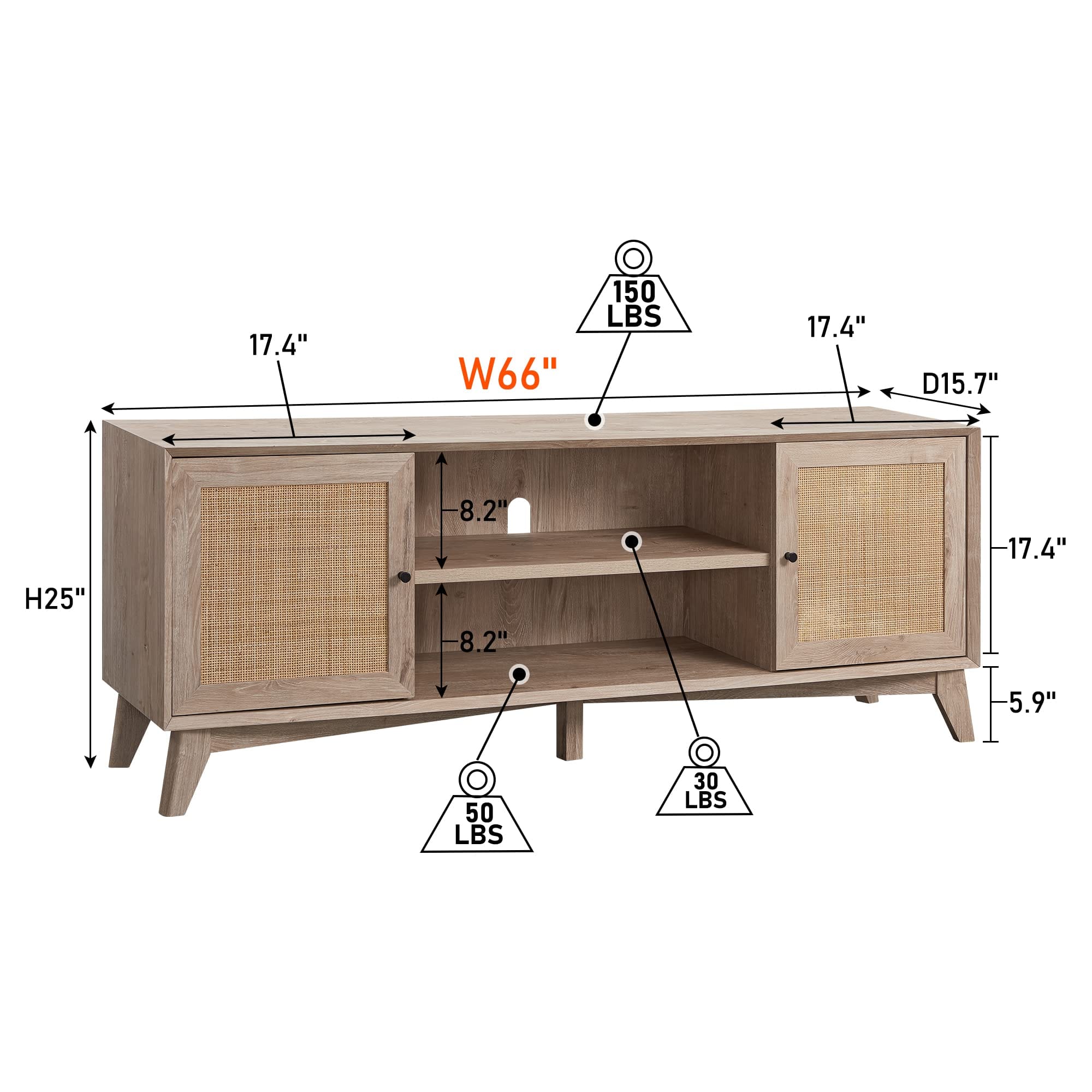 Modern TV Stand for 75+ Inch TV – Boho Media Console with Natural Rattan Doors and Adjustable Shelves