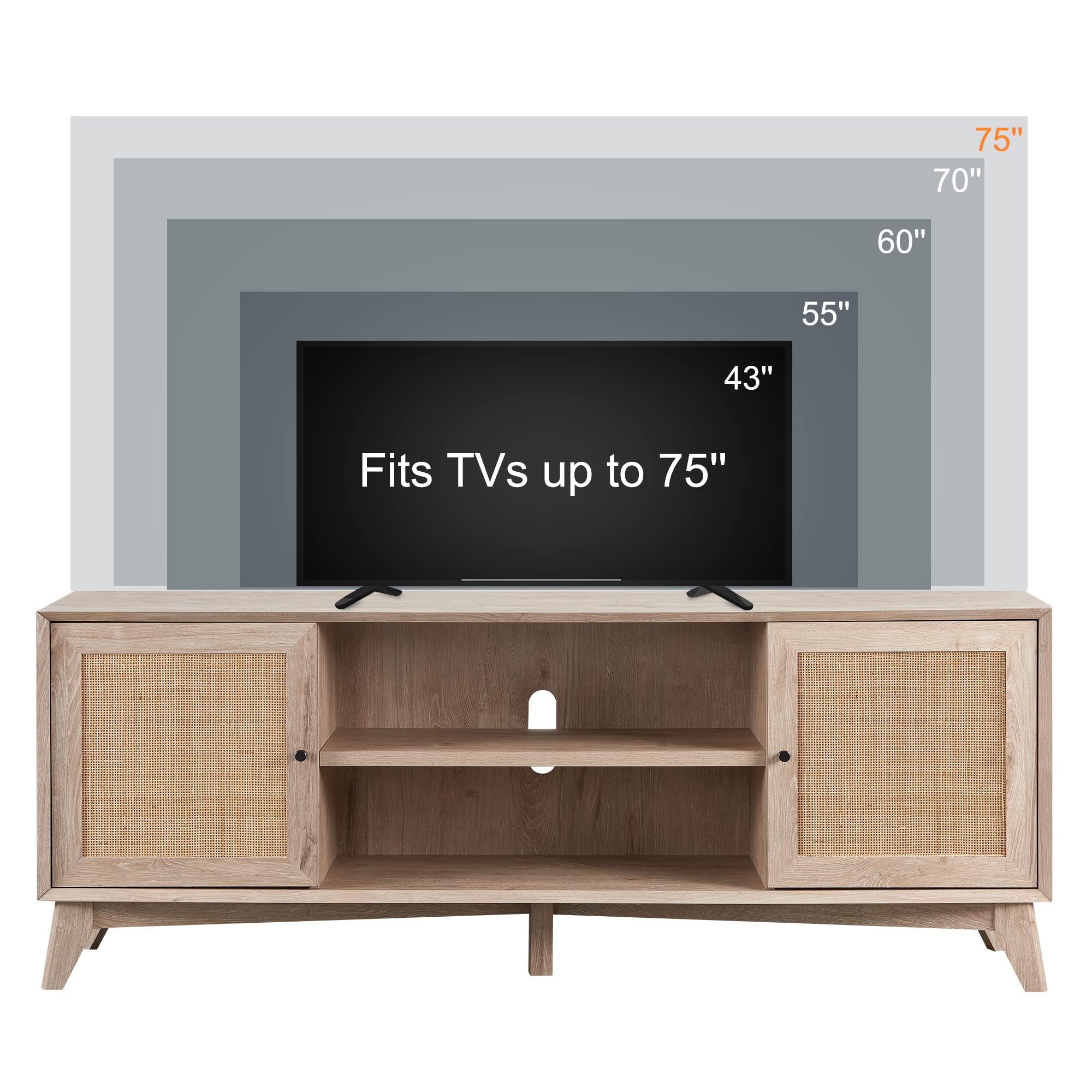 Modern TV Stand for 75+ Inch TV – Boho Media Console with Natural Rattan Doors and Adjustable Shelves