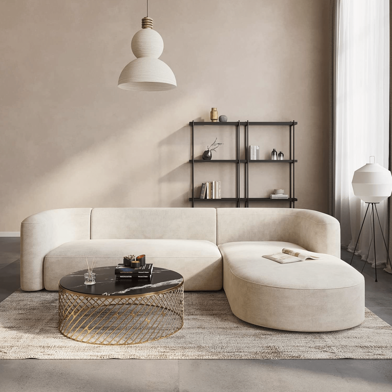 Modern Velvet Sectional Sofa - Comfortable L Shape Couch for Living Room and Office, Cream Cream