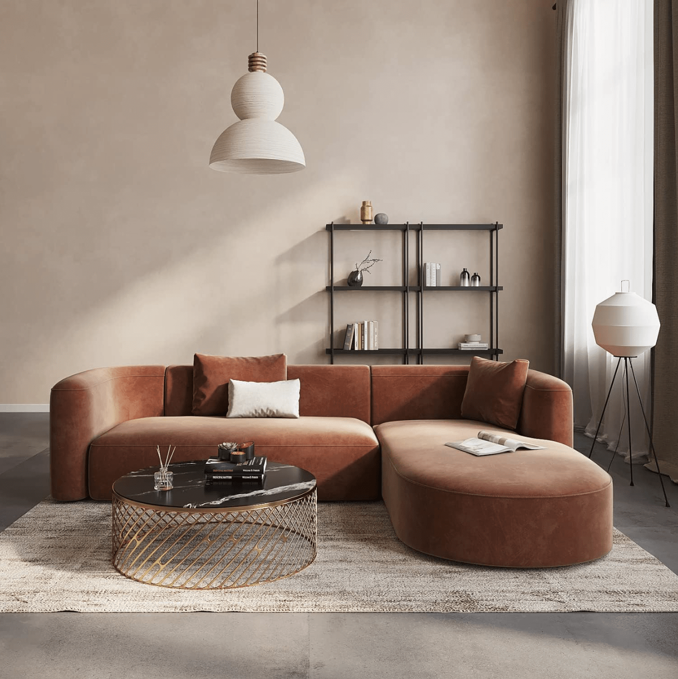 Modern Velvet Sectional Sofa - Comfortable L Shape Couch for Living Room and Office, Cream Tangerine