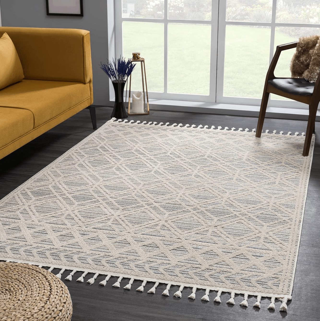 Molde Moroccan Farmhouse Living Room Bedroom Area Rug with Tassel - High Low Carpet - Tribal Boho Style - Southwestern Geometric Pattern - Beige, Cream 7'10" x 10