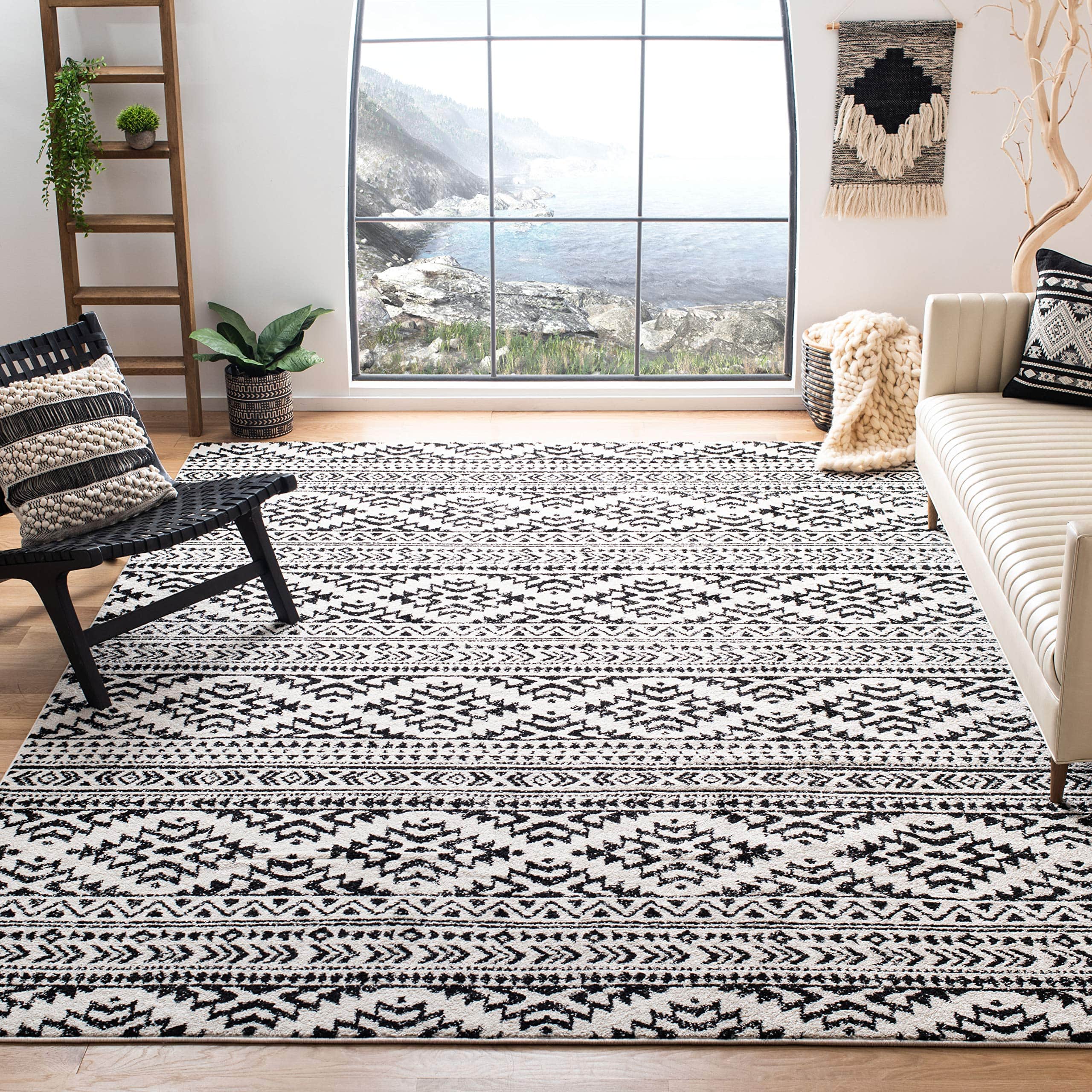 Moroccan Boho Tribal Area Rug – 9' x 12', Ivory & Black, Non-Shedding, Easy Care, Perfect for High Traffic Living Room and Bedroom