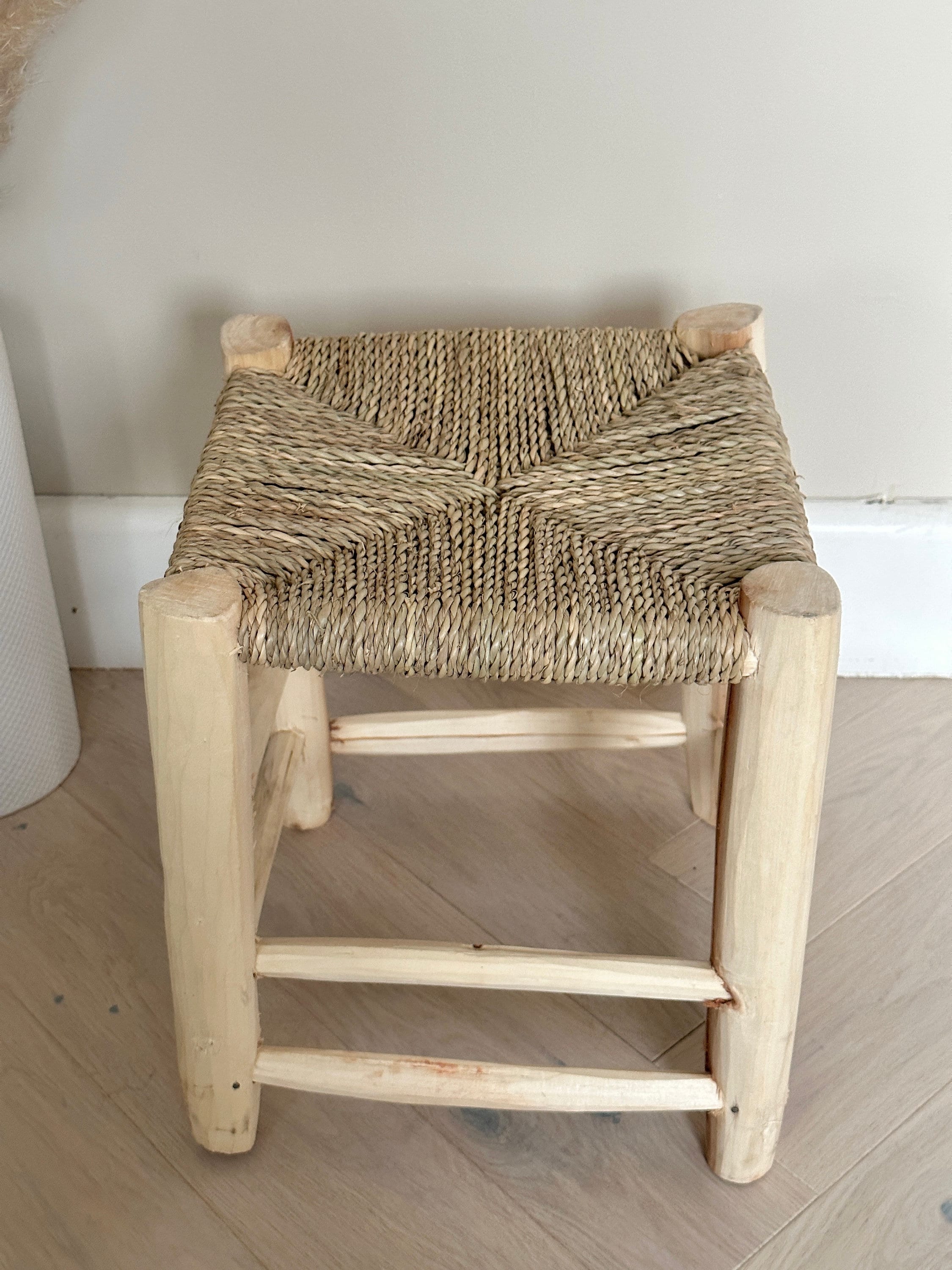 Moroccan Style Stool – Natural Wood, Hand-Knotted Seagrass, Woven Palm Leaves, Fully Assembled, Eco-Friendly